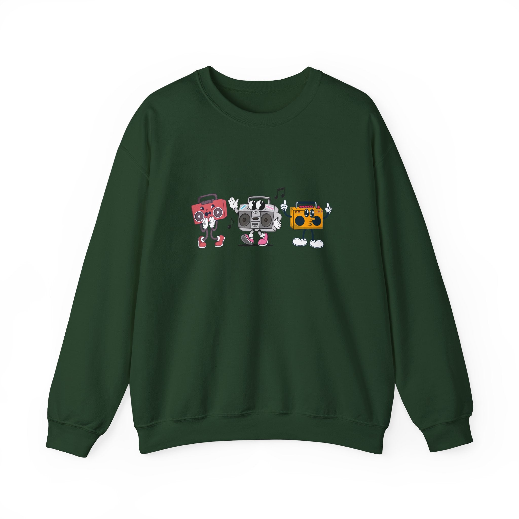 Green sweatshirt with cartoon graphic of three vintage-style radios on a white background