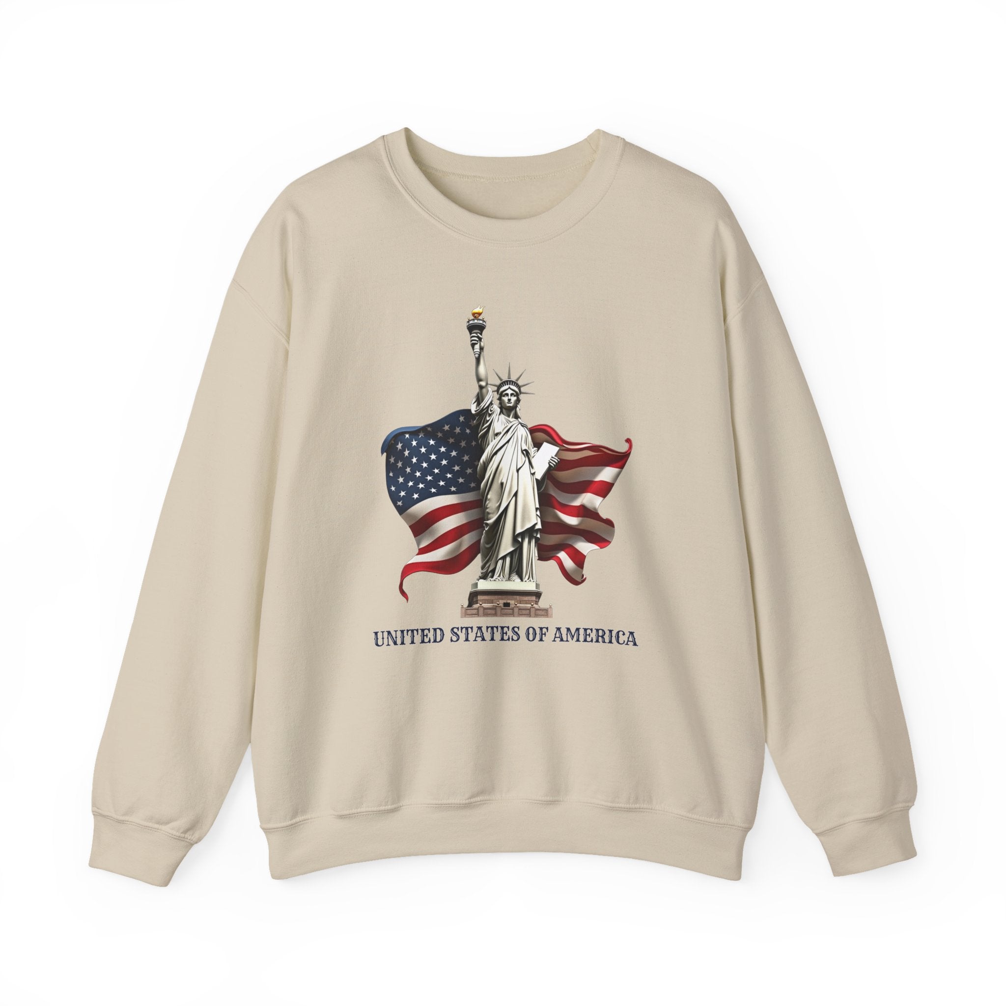 Beige sweatshirt with Statue of Liberty and American flag design on a white background