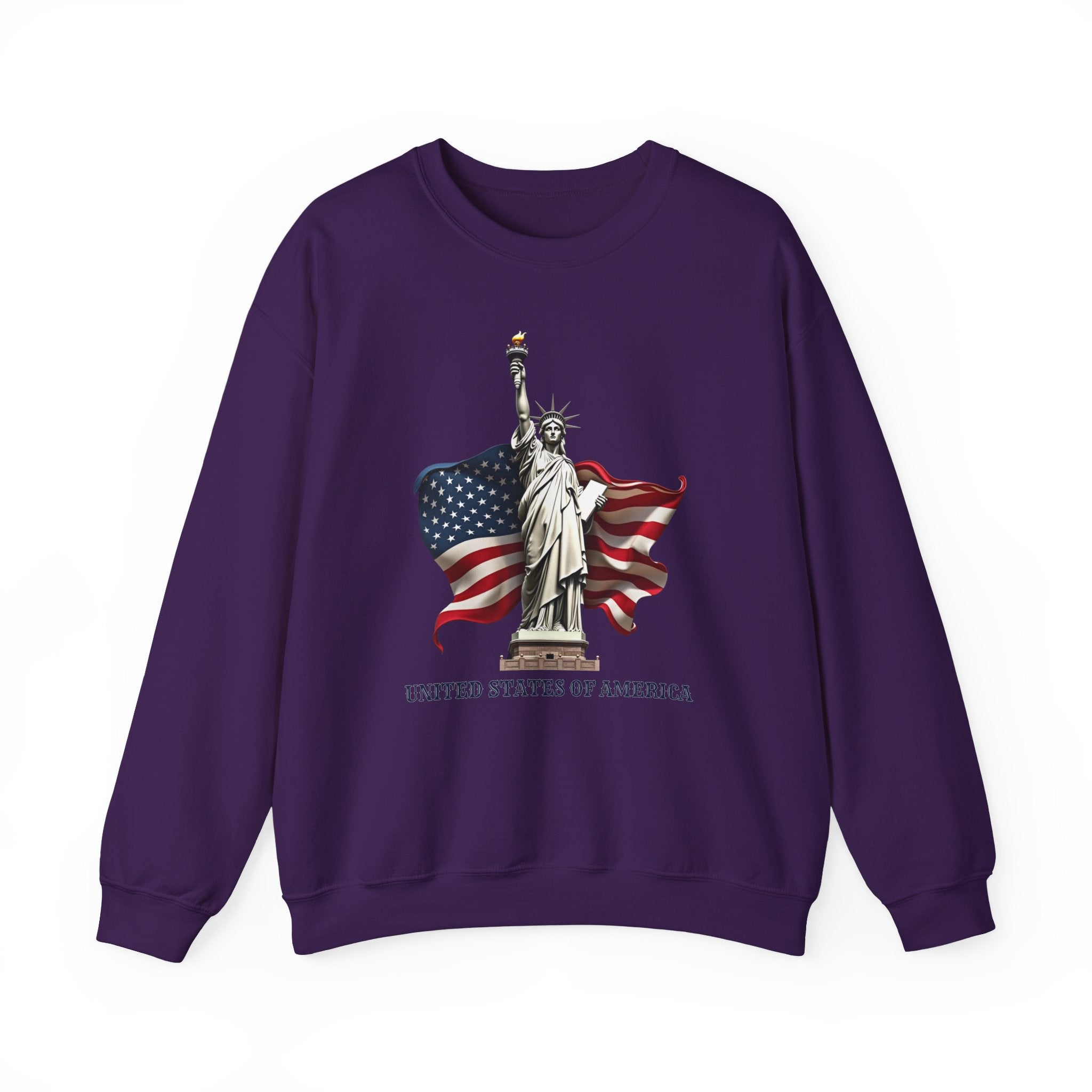 Purple sweatshirt with Statue of Liberty and American flag design on a white background
