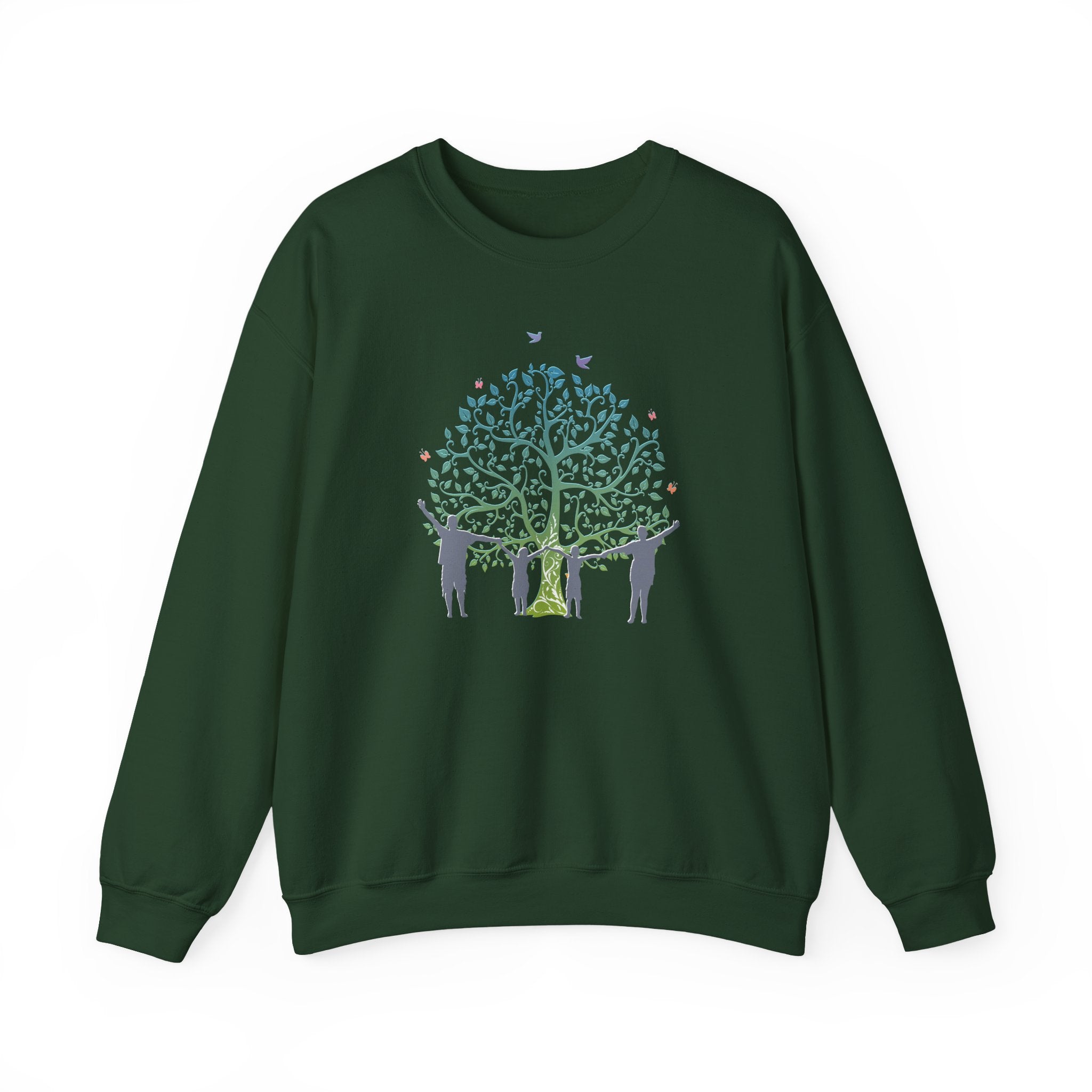 Green sweatshirt with a tree and people design on a white background