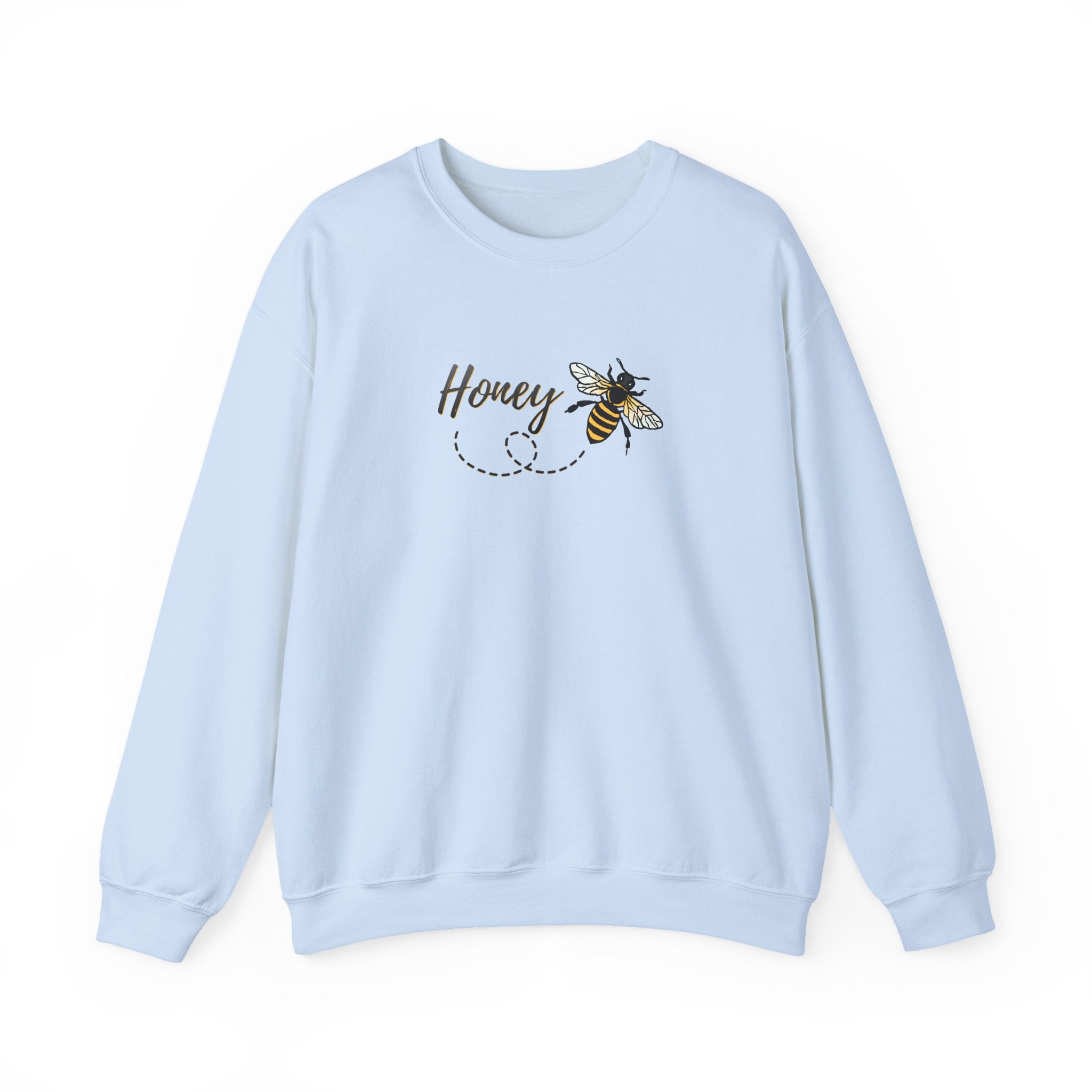 Light blue sweatshirt with bee and 'Honey' design on a white background