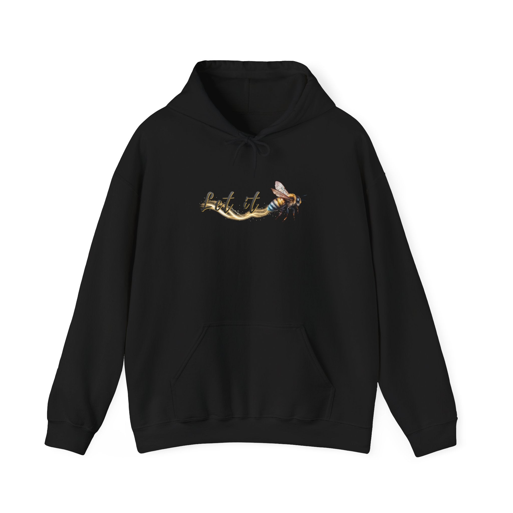 Black hoodie with a bee and 'Let it' text design on a white background