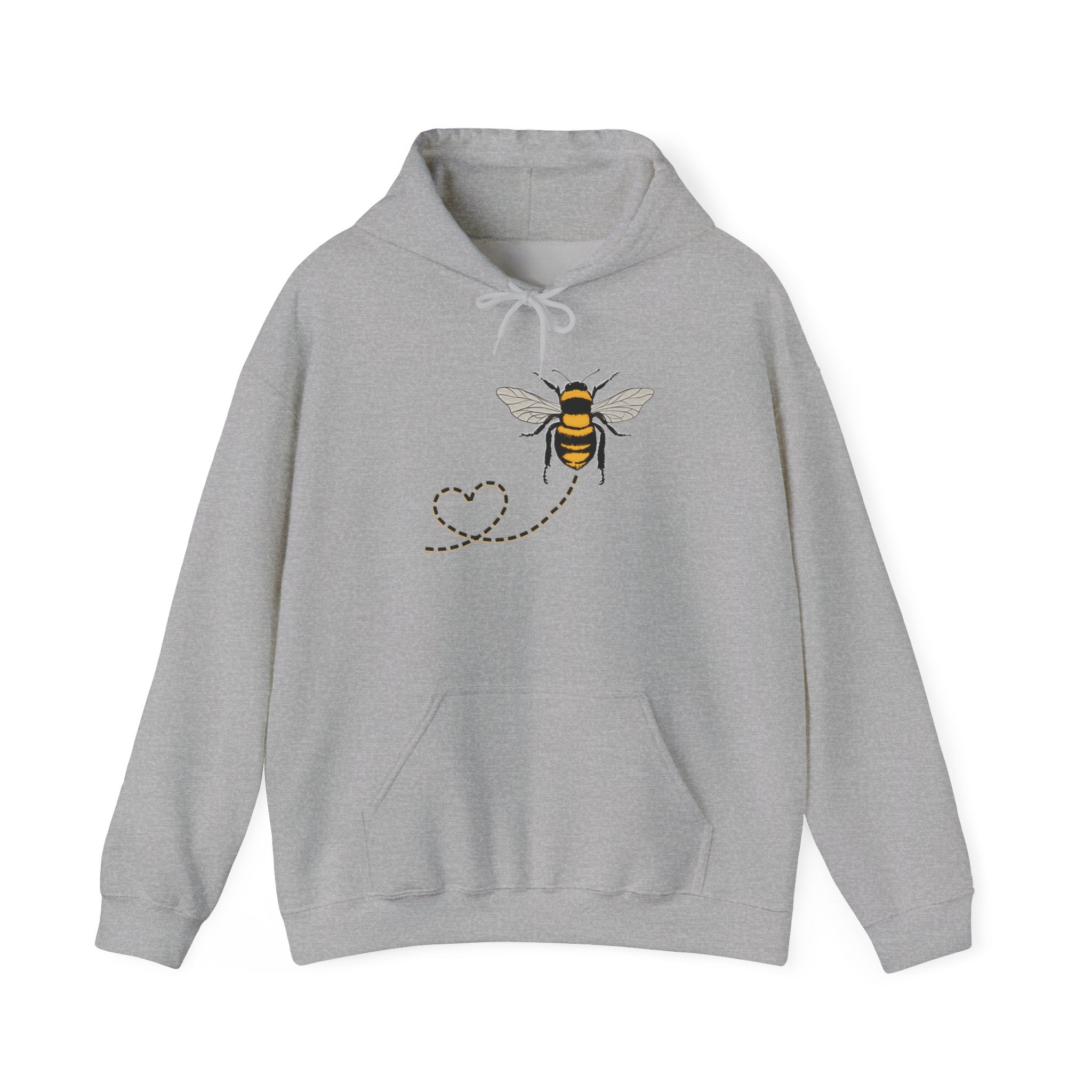 Gray hoodie with a bee and heart design on a white background