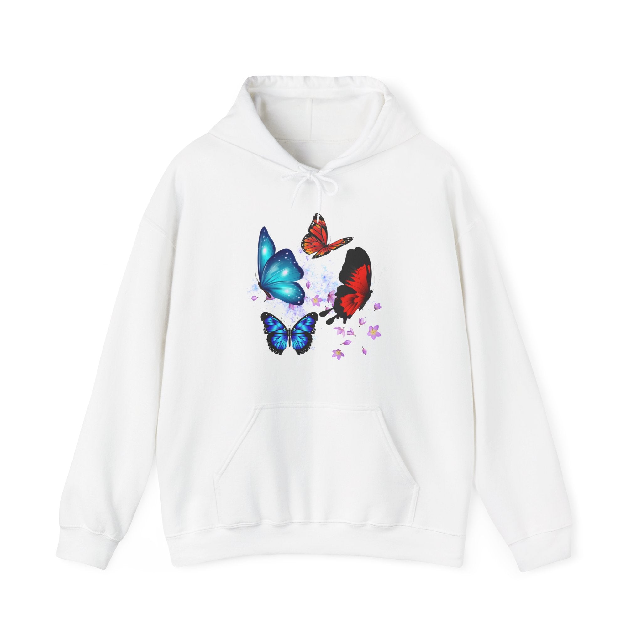 White hoodie with colorful butterfly design on a white background