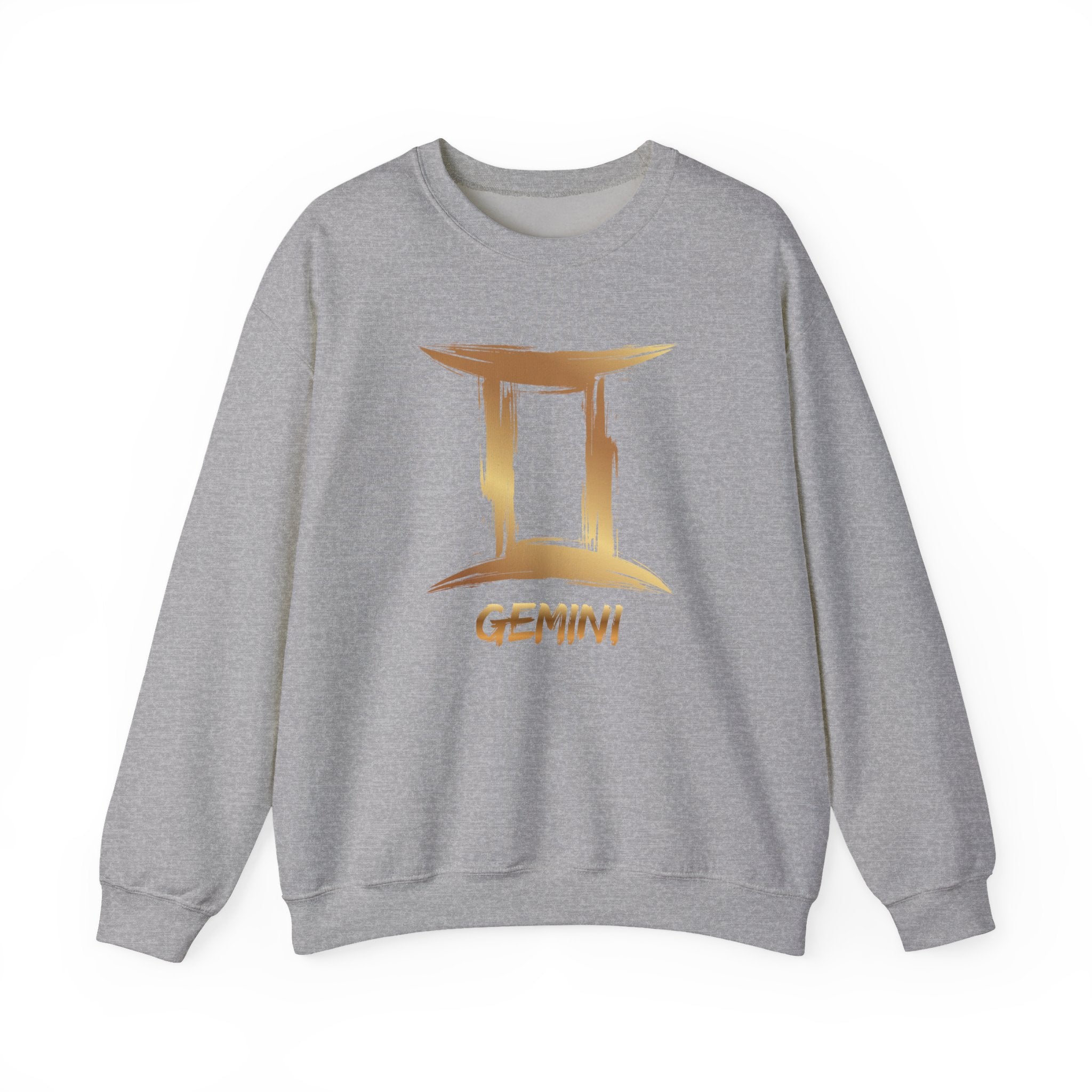 Gray sweatshirt with gold Gemini logo on a white background