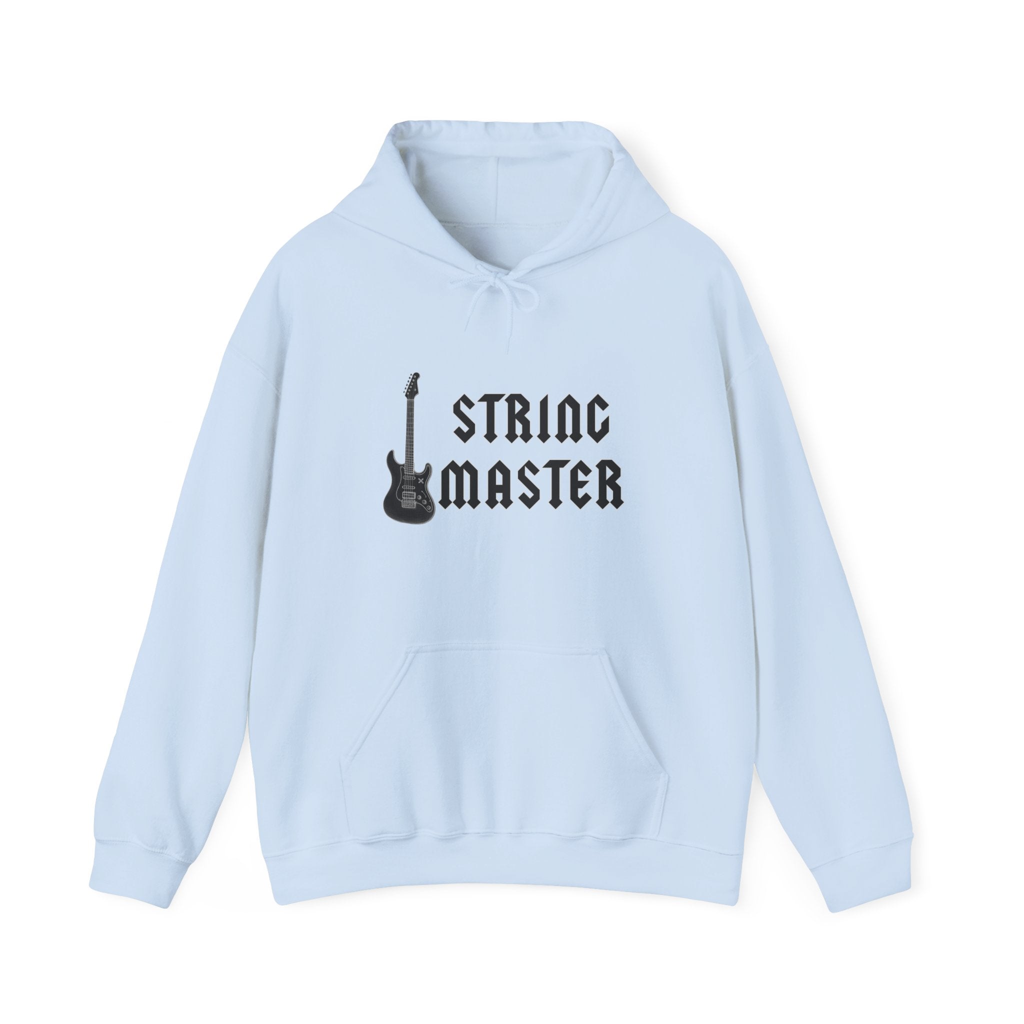 Light blue hoodie with 'String Master' text and guitar graphic on a white background