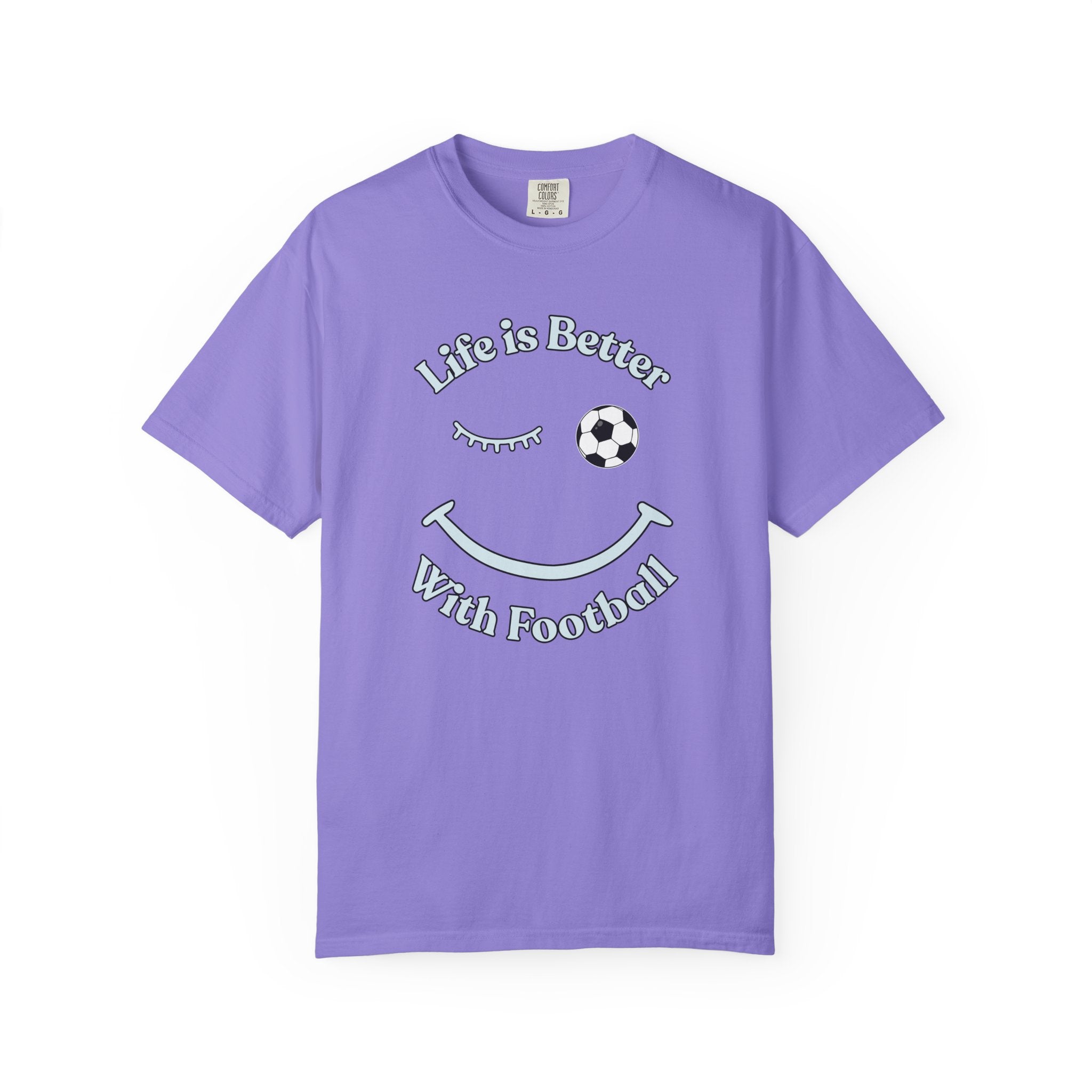 Purple t-shirt with 'Life is Better With Football' text and smiley face design on a white background
