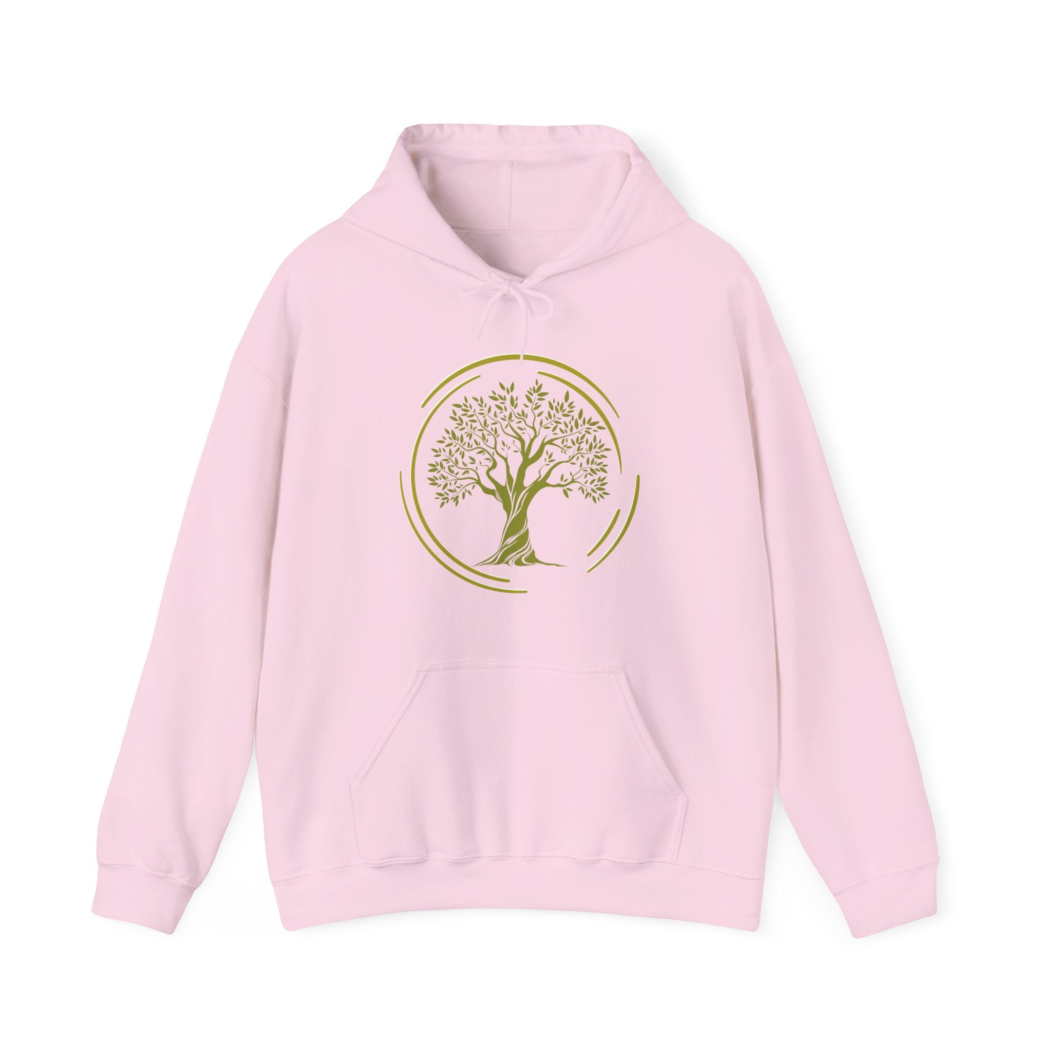 Pink hoodie with a tree design on a white background
