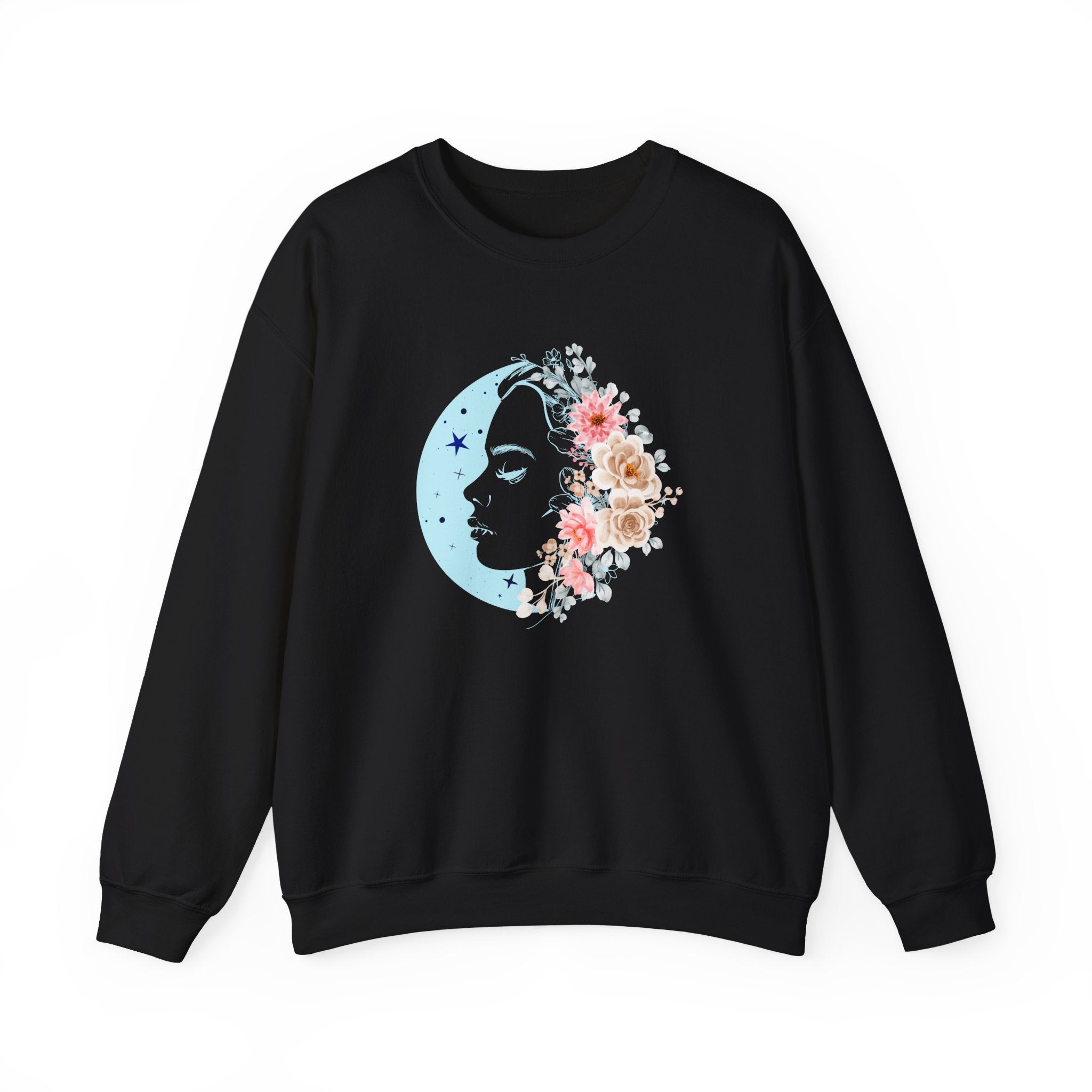 Black sweatshirt with a floral moon and face design on a white background