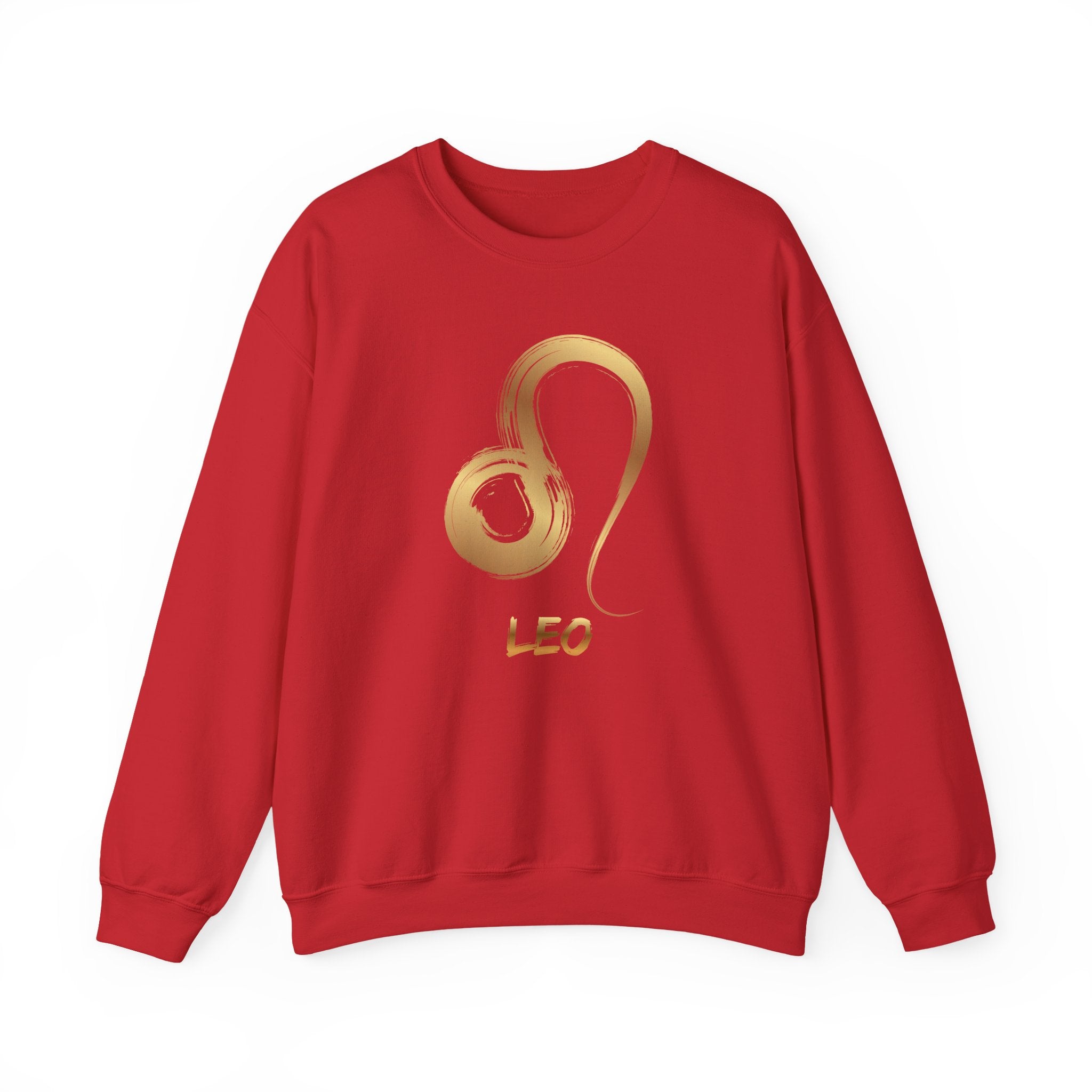 Red sweatshirt with gold Leo symbol and text on a white background
