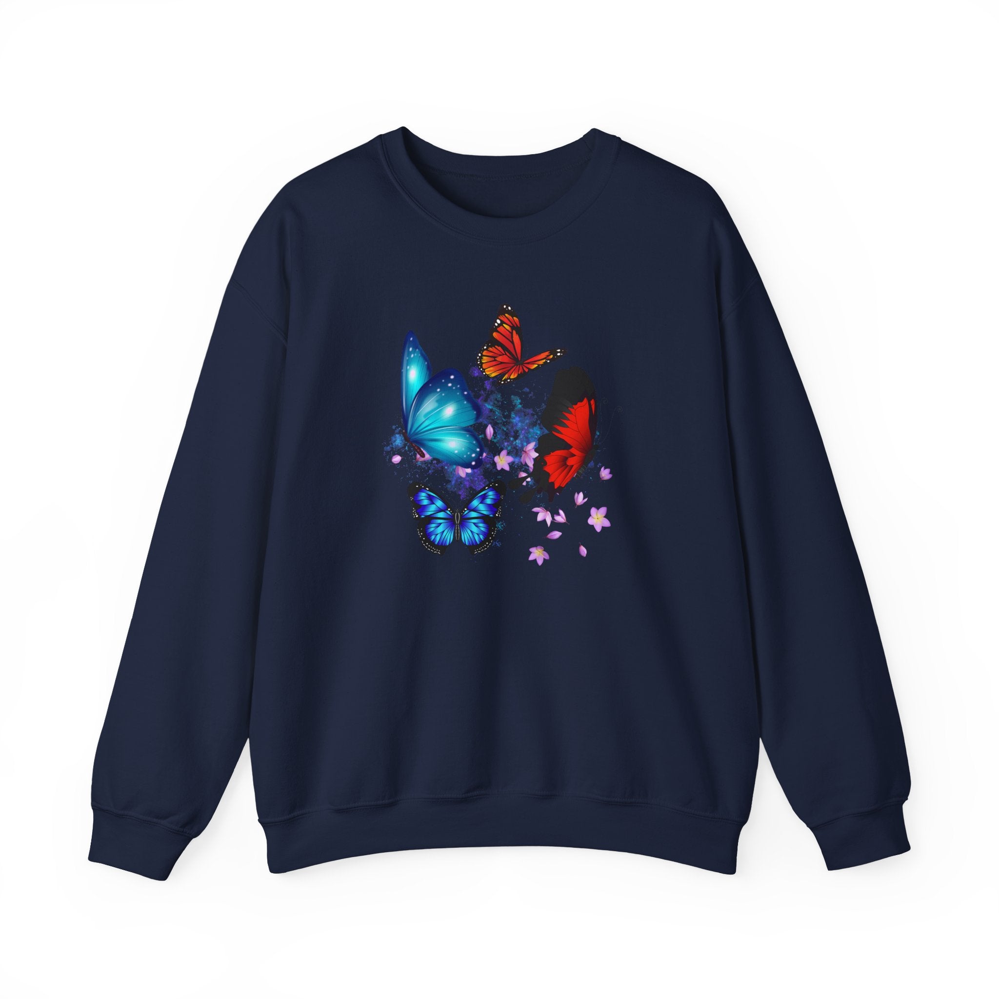 Navy blue sweatshirt with colorful butterfly design on a white background