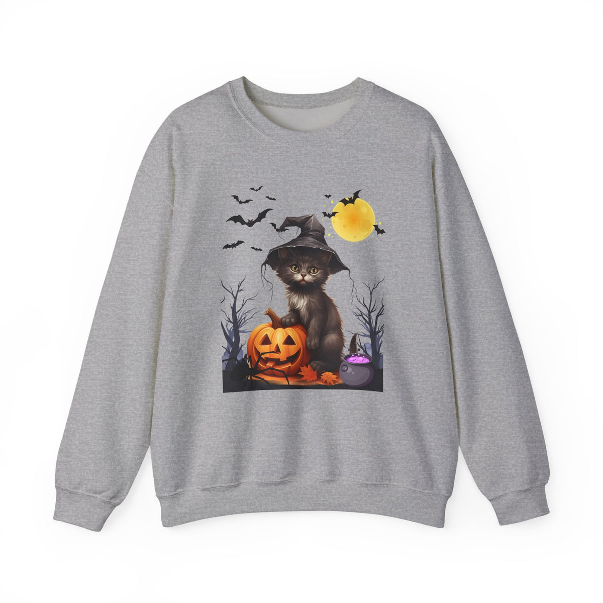 Gray sweatshirt with a Halloween-themed design featuring a cat in a witch hat and pumpkin.