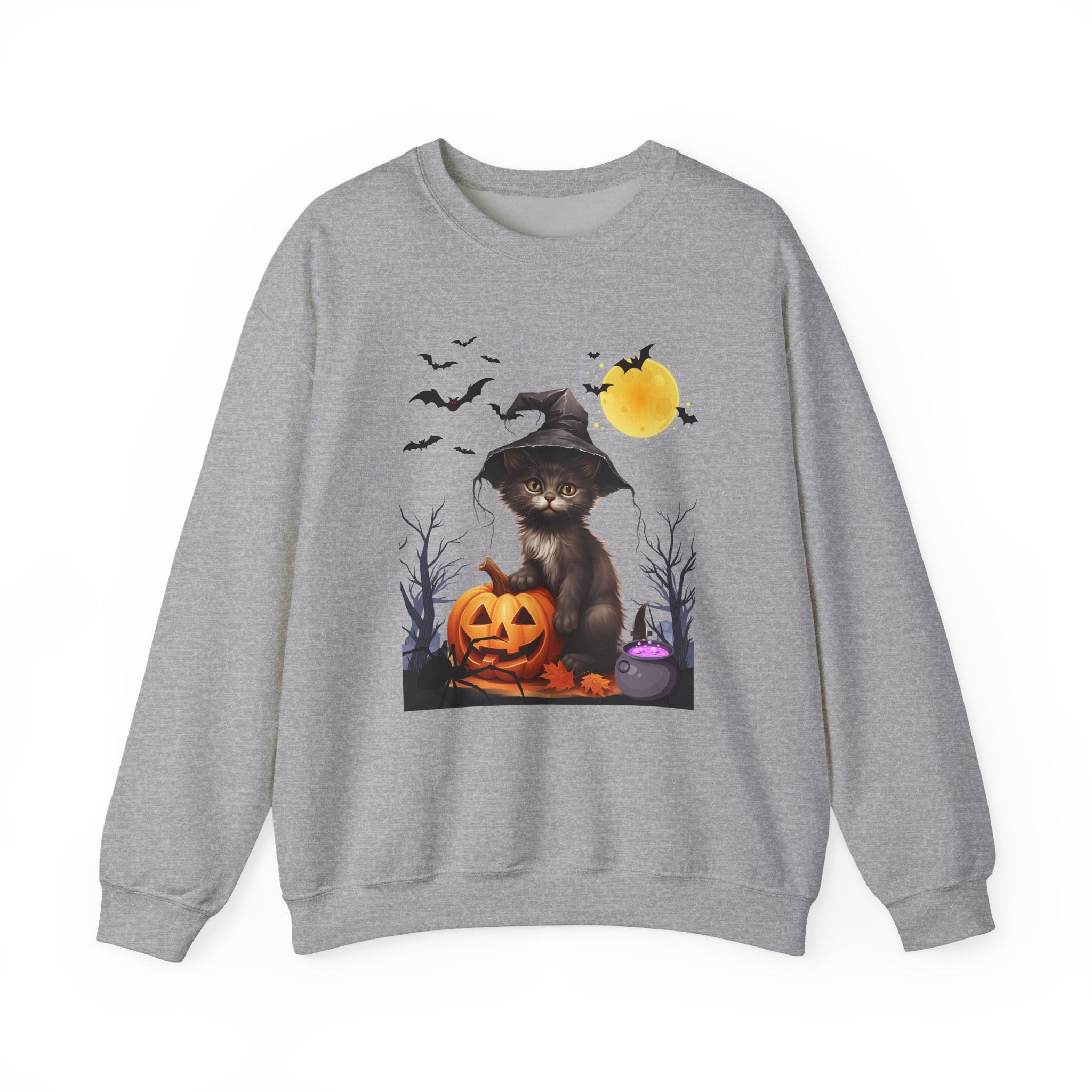 Gray sweatshirt with a Halloween-themed design featuring a cat in a witch hat and pumpkin.