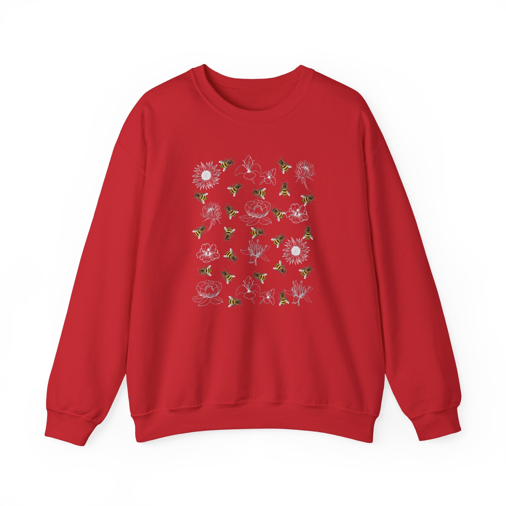 Red sweatshirt with bee and flower pattern on a white background