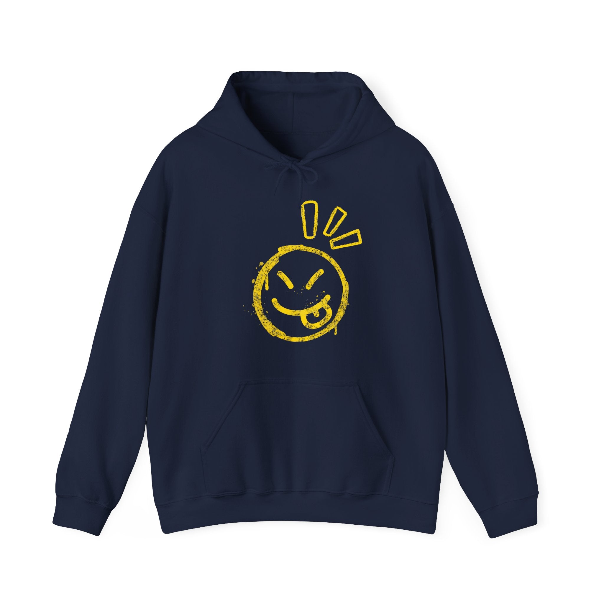 Navy blue hoodie with a graphic of a wacky emoticon on a white background