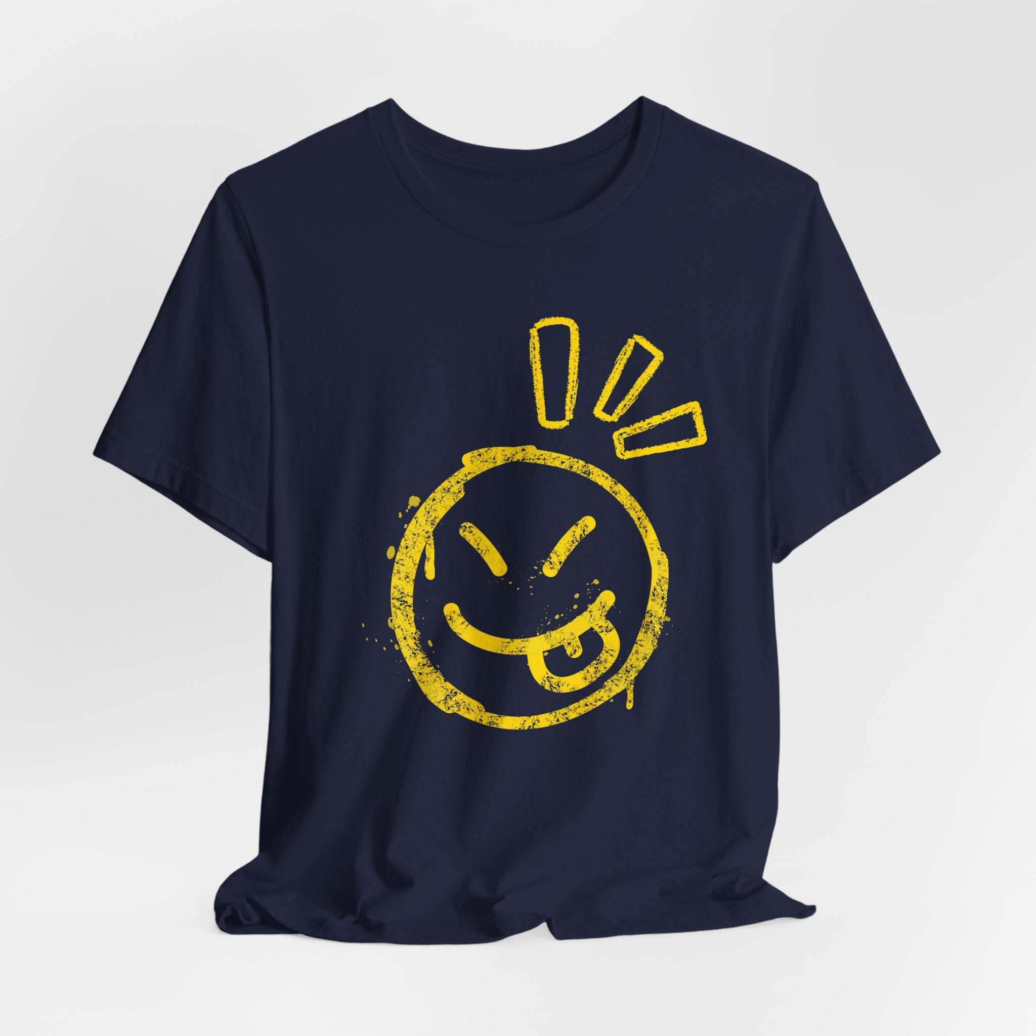 Navy blue t-shirt with a yellow smiley face design on a white background