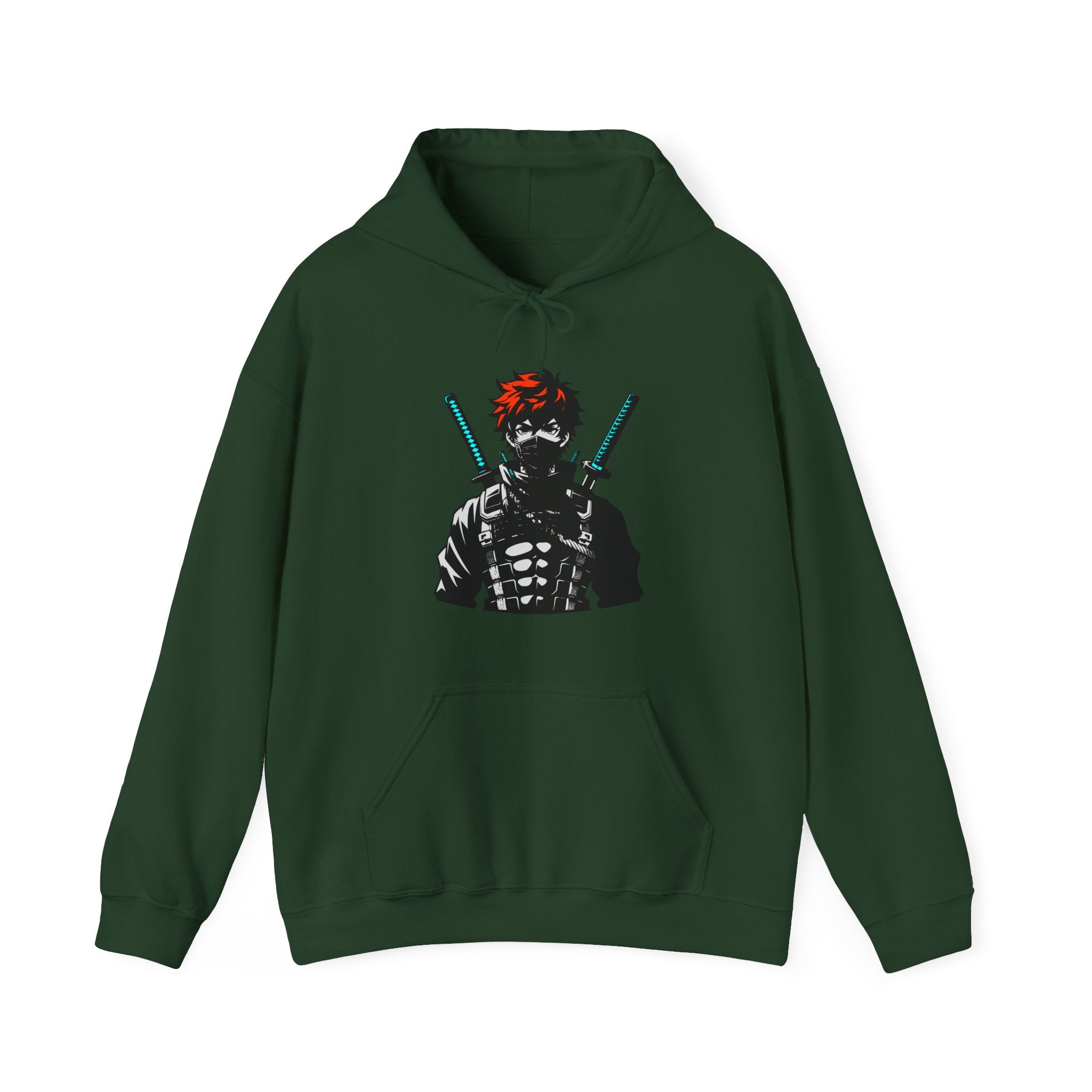 Green hoodie with a graphic design of a character holding swords on a white background
