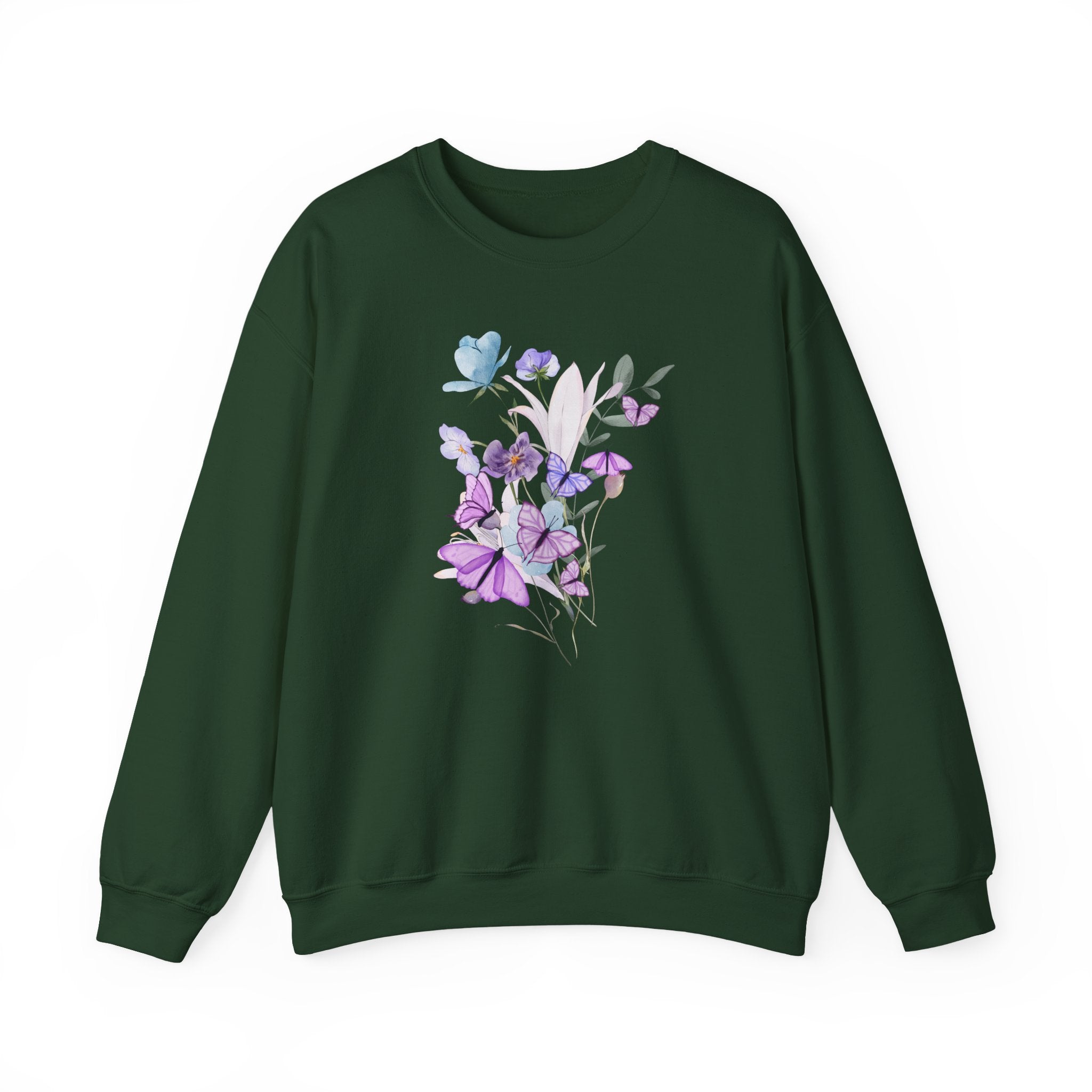 Green sweatshirt with floral design on a white background