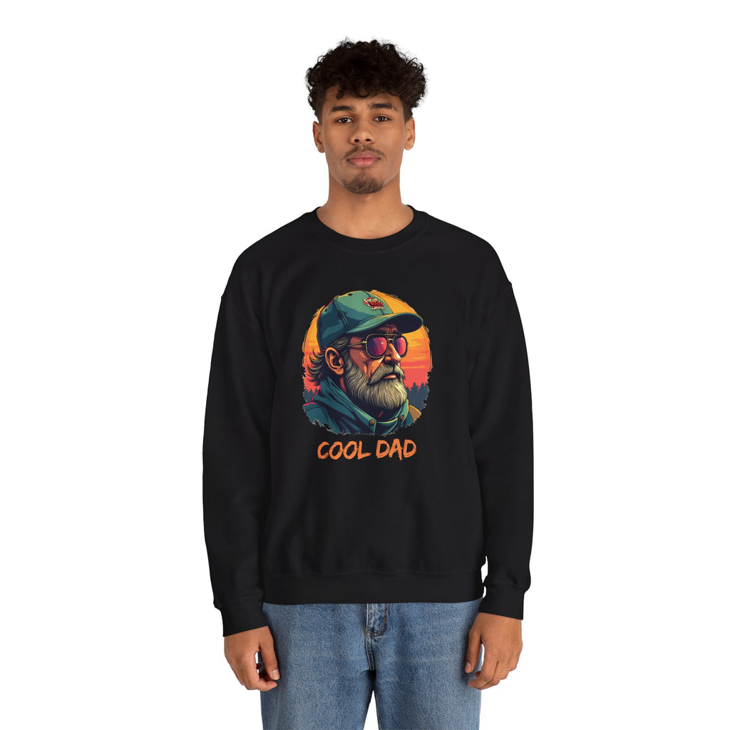 Person wearing a black sweatshirt with a 'Cool Dad' graphic design on a white background