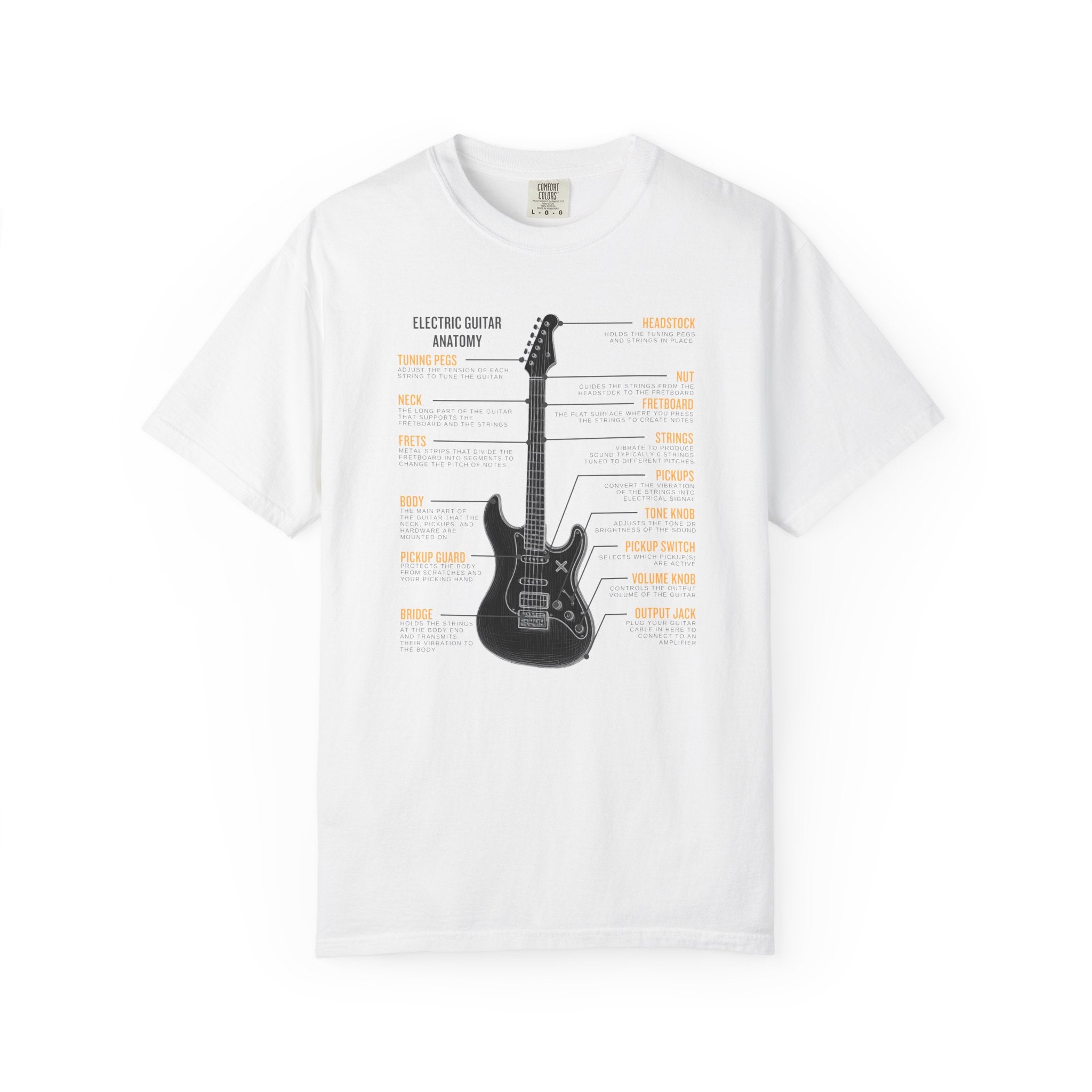 White  t-shirt with electric guitar graphic and texts on a white background