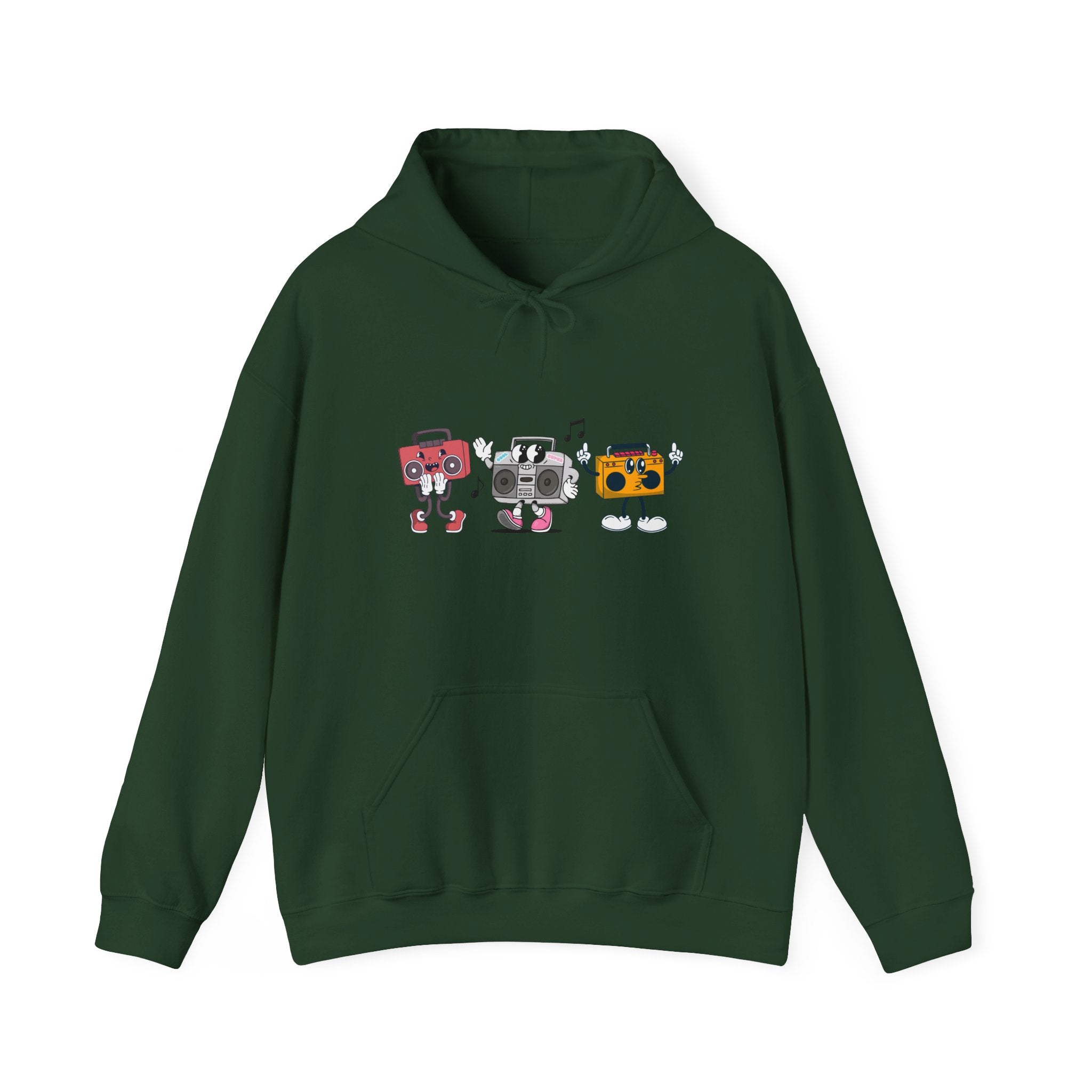 Green hoodie with cartoon robot design on a white background