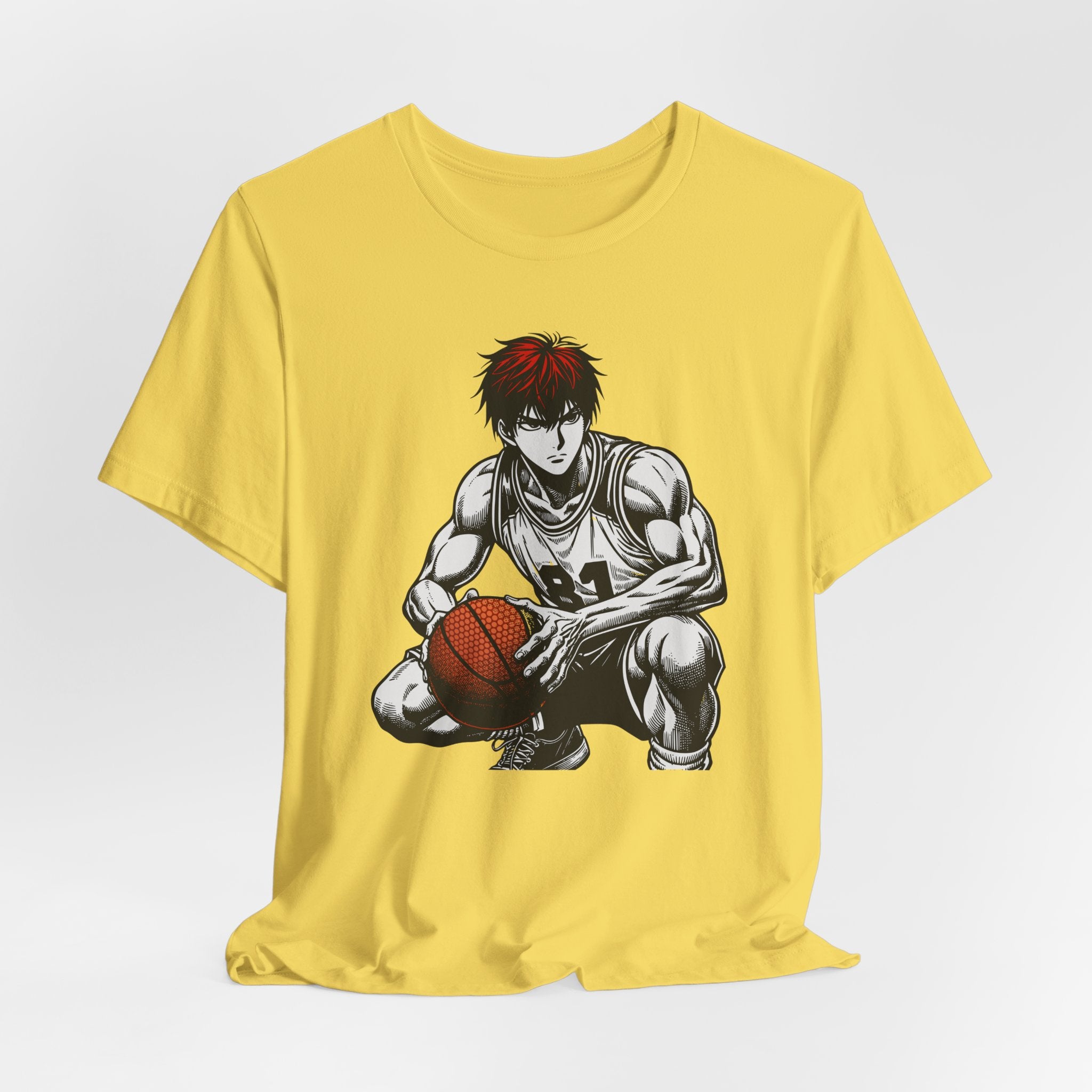 Yellow t-shirt with a graphic of a basketball player on a white background