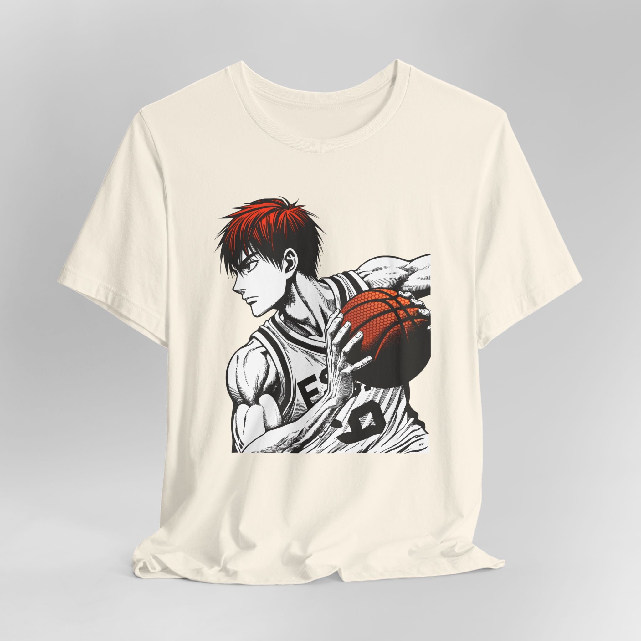 White t-shirt with an anime-style basketball player graphic on a gray background