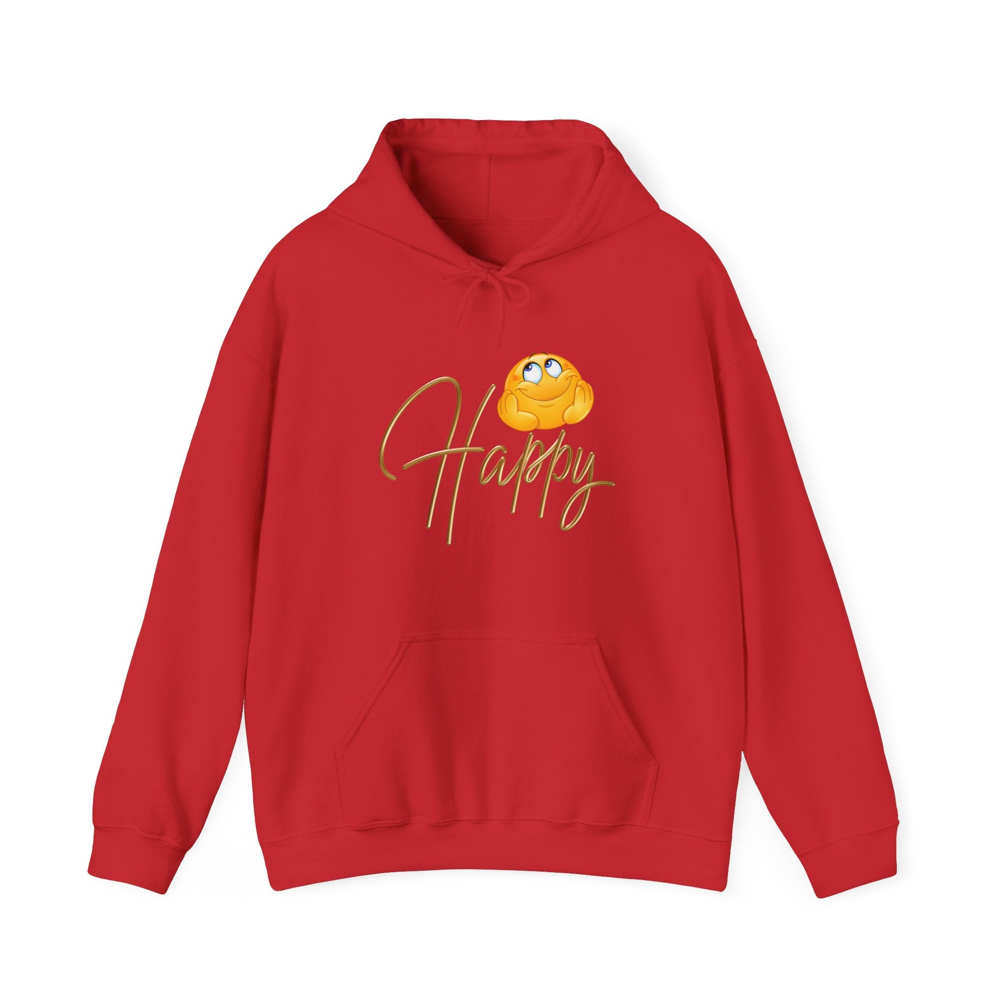 Red hoodie with a yellow character and 'Happy' text on a white background