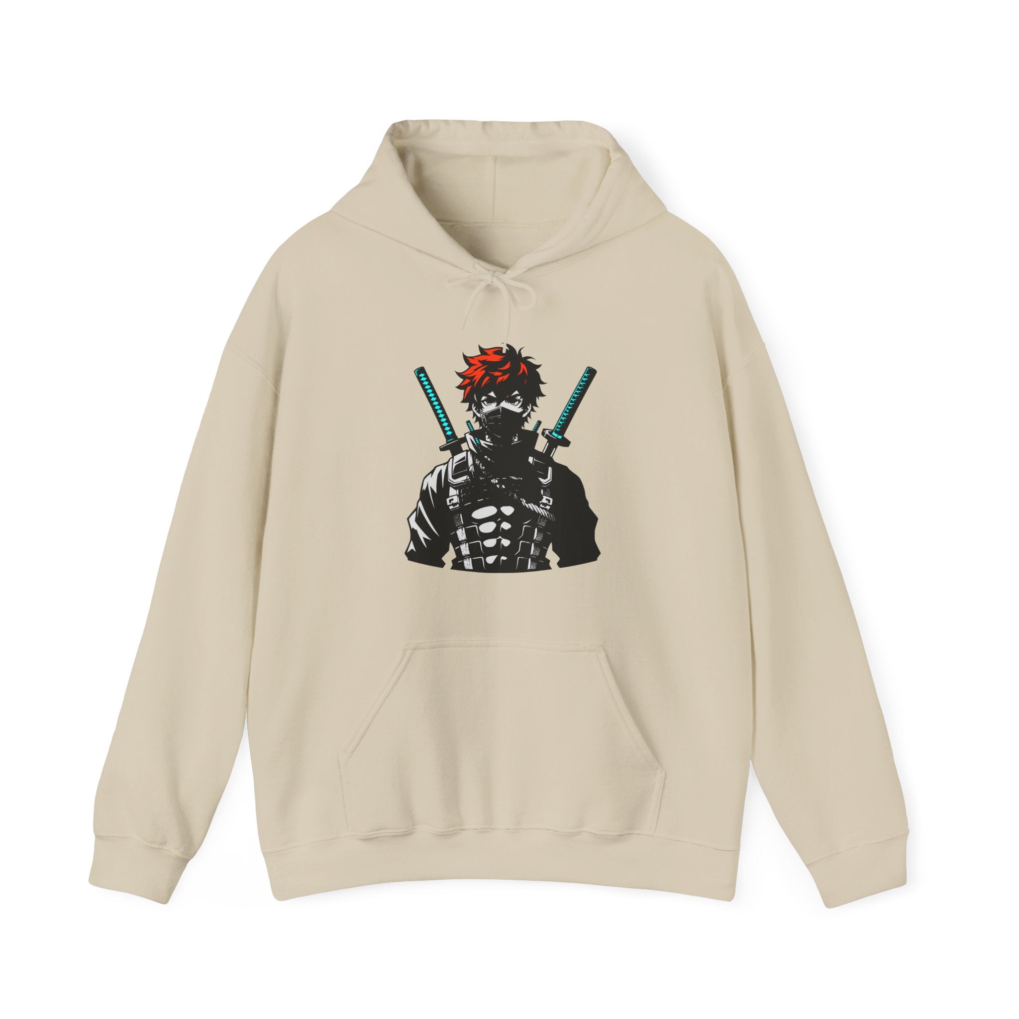 Beige hoodie with an anime graphic design on a white background