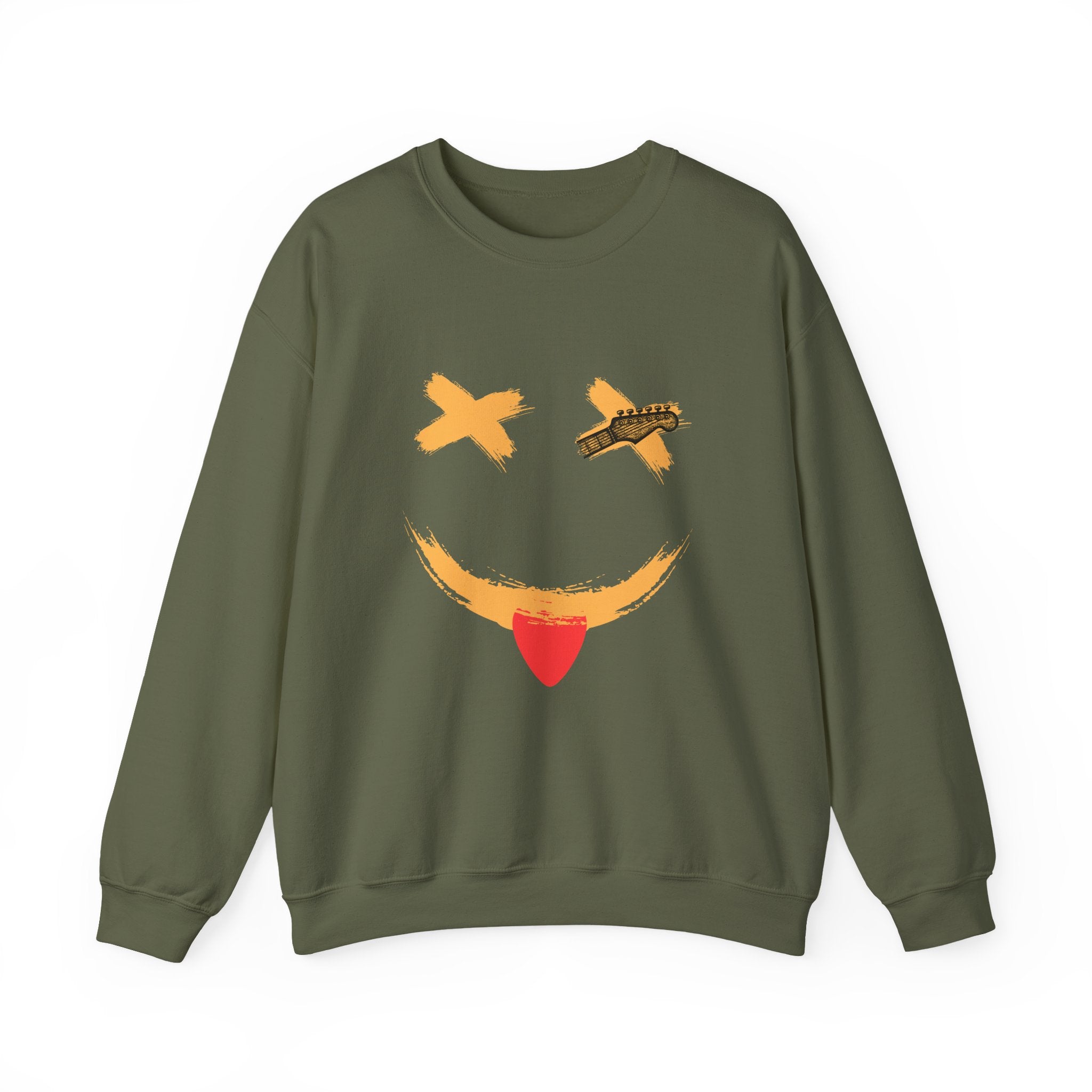 Green sweatshirt with a smiley face design on a white background
