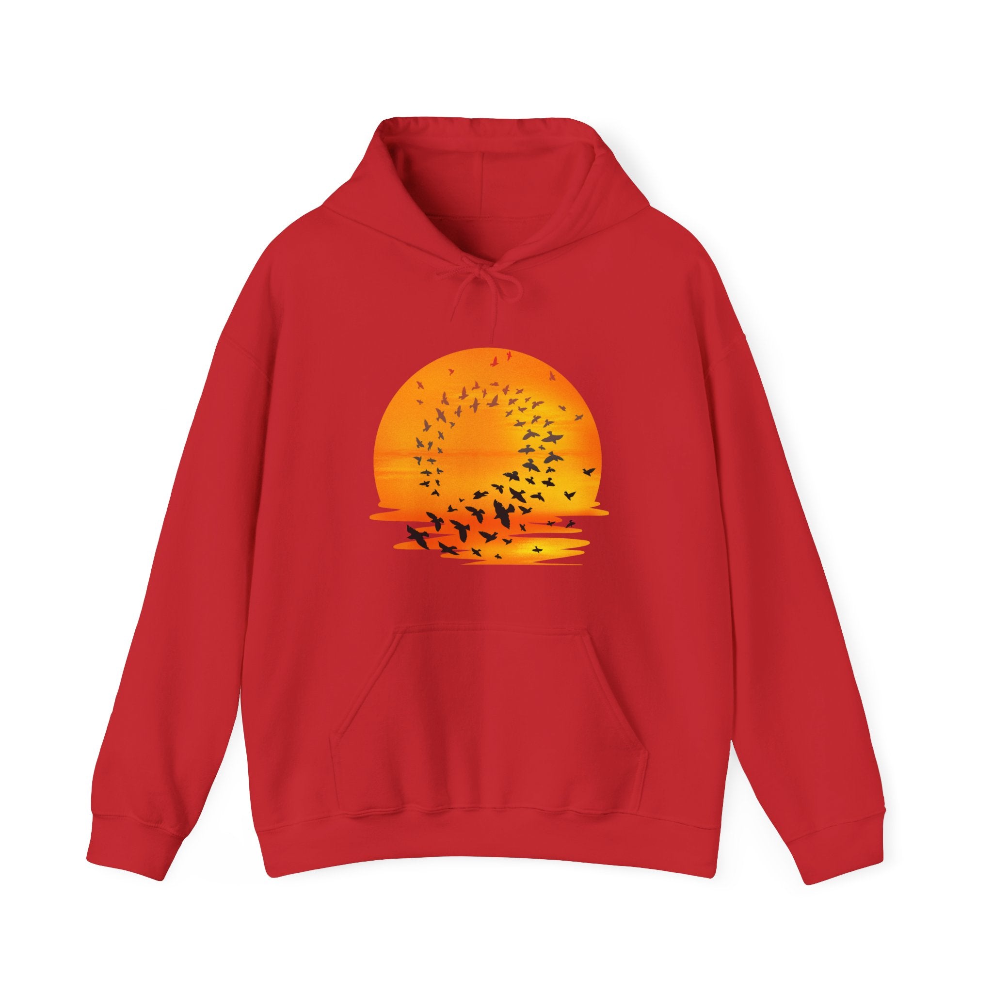 Red hoodie with a sunset and bird design on a white background