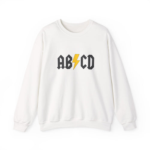 White sweatshirt with 'ABCD' logo featuring a lightning bolt on a white background
