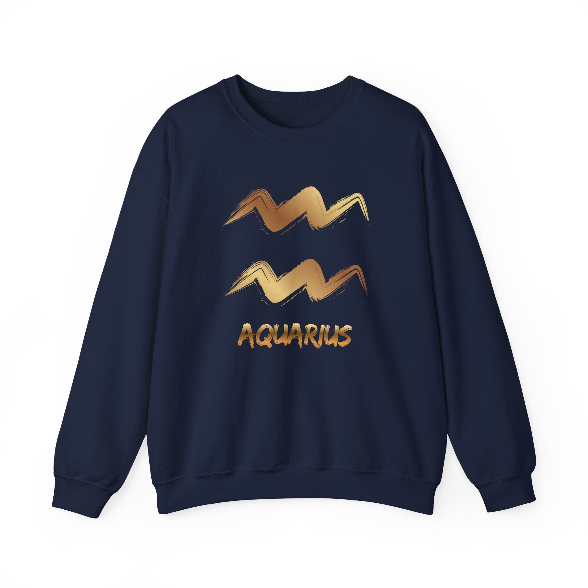 Navy blue sweatshirt with gold Aquarius design on a white background
