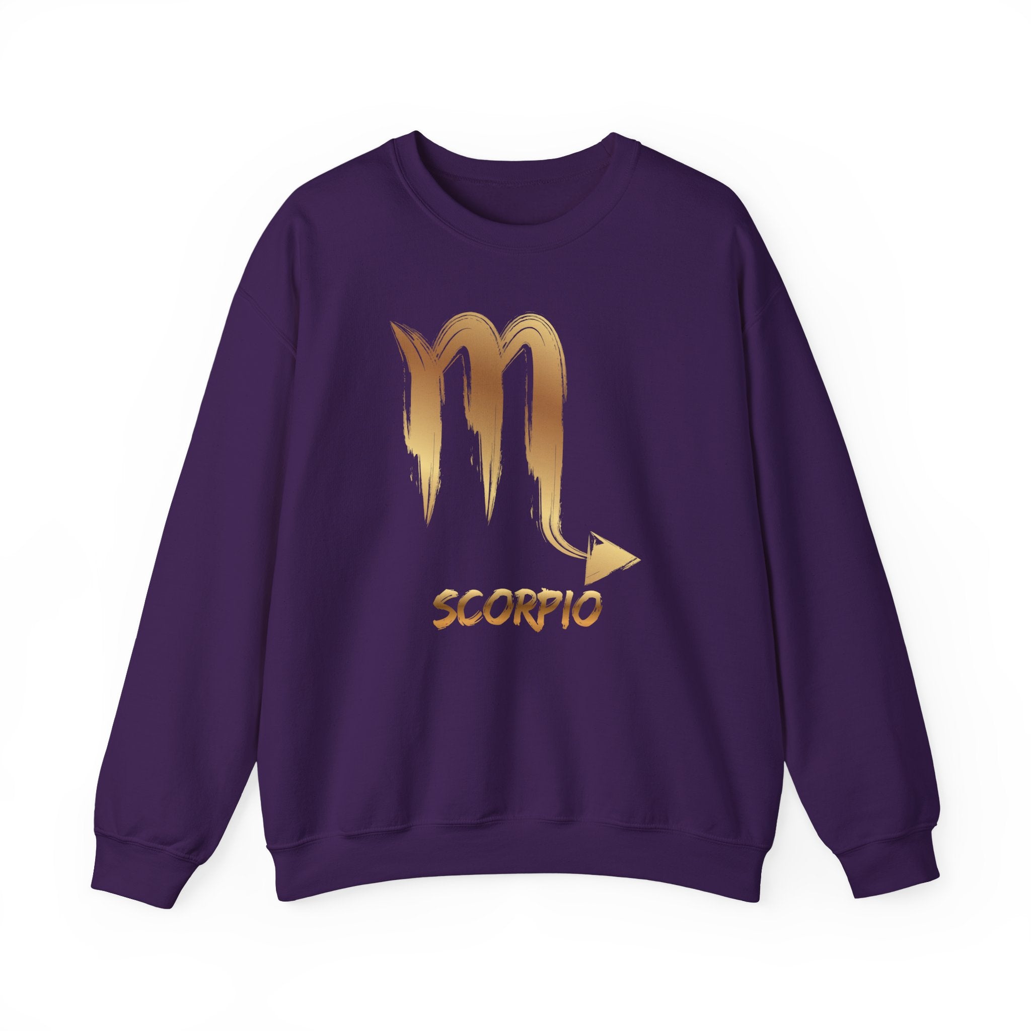 Purple sweatshirt with gold Scorpio symbol on a white background