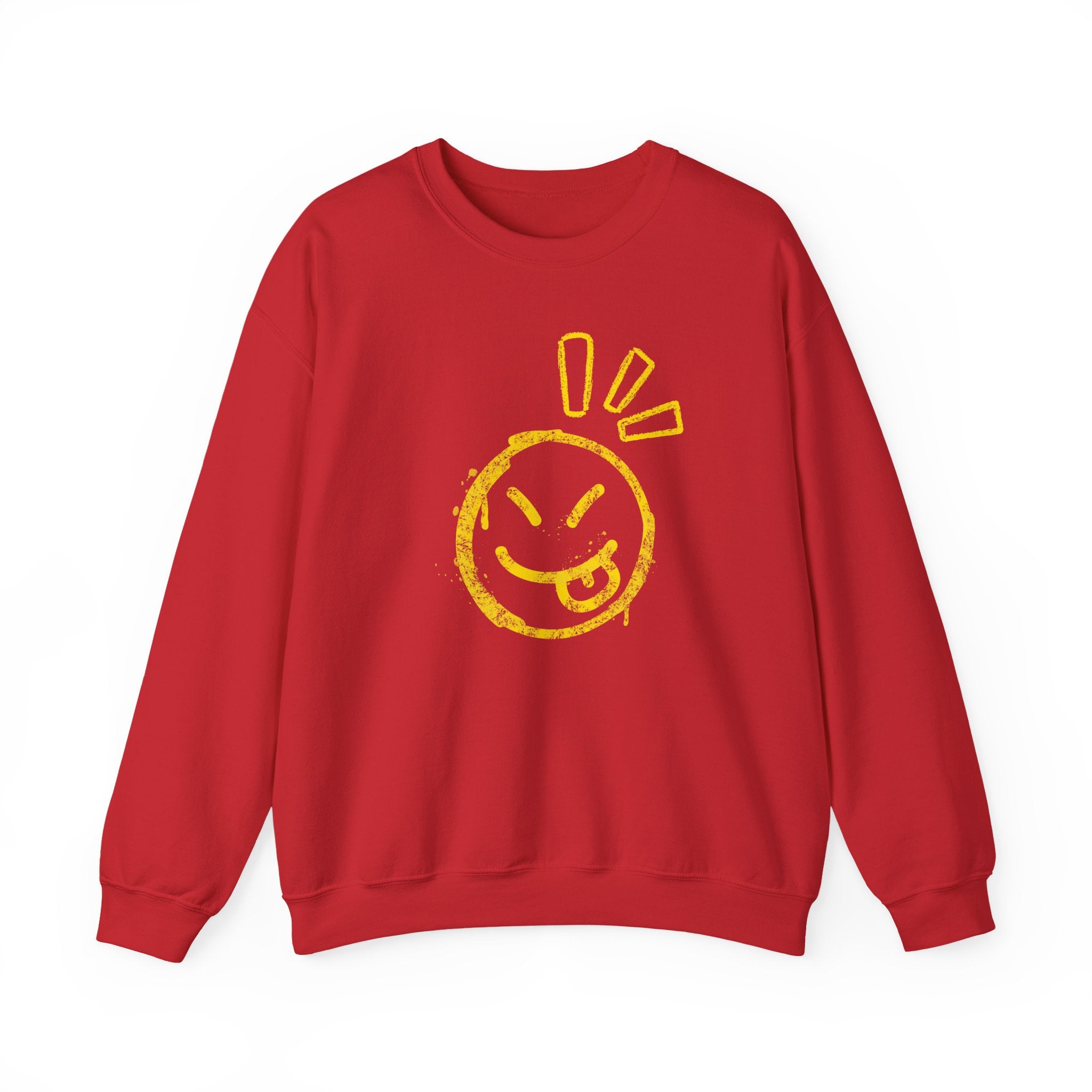 Red sweatshirt with a yellow smiley face design on a white background