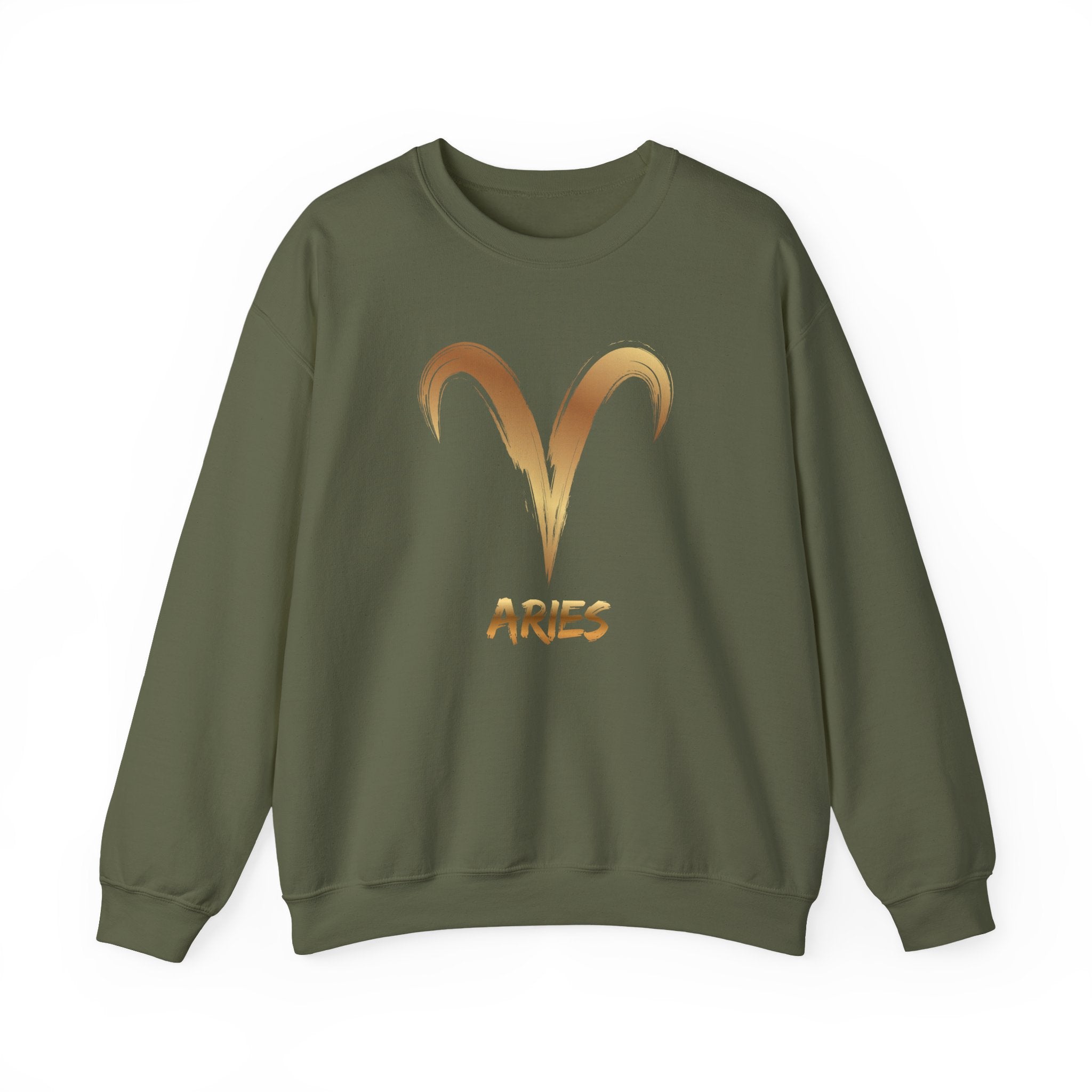 Green sweatshirt with Aries symbol and text on a white background