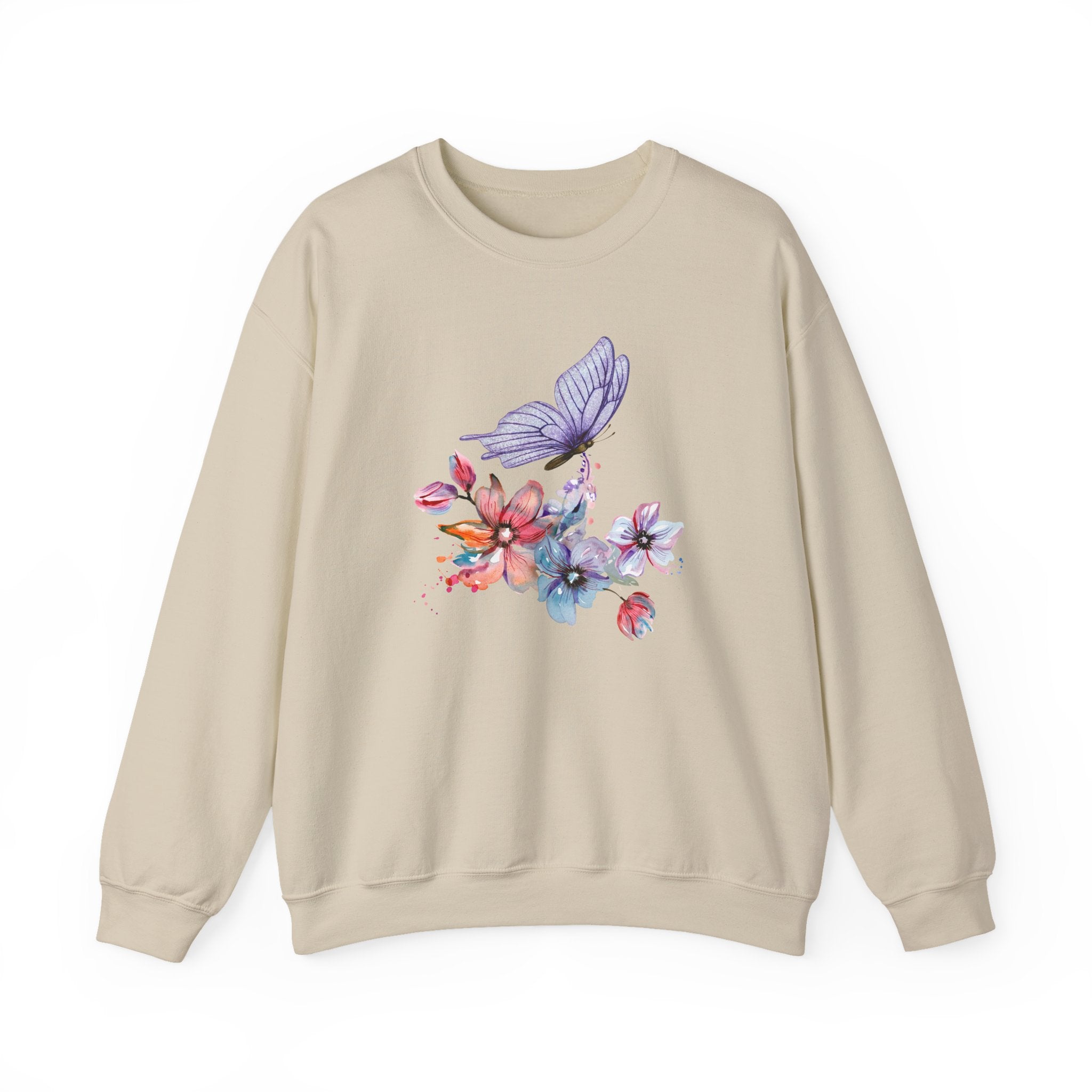 Beige sweatshirt with a colorful butterfly and flower design on a white background
