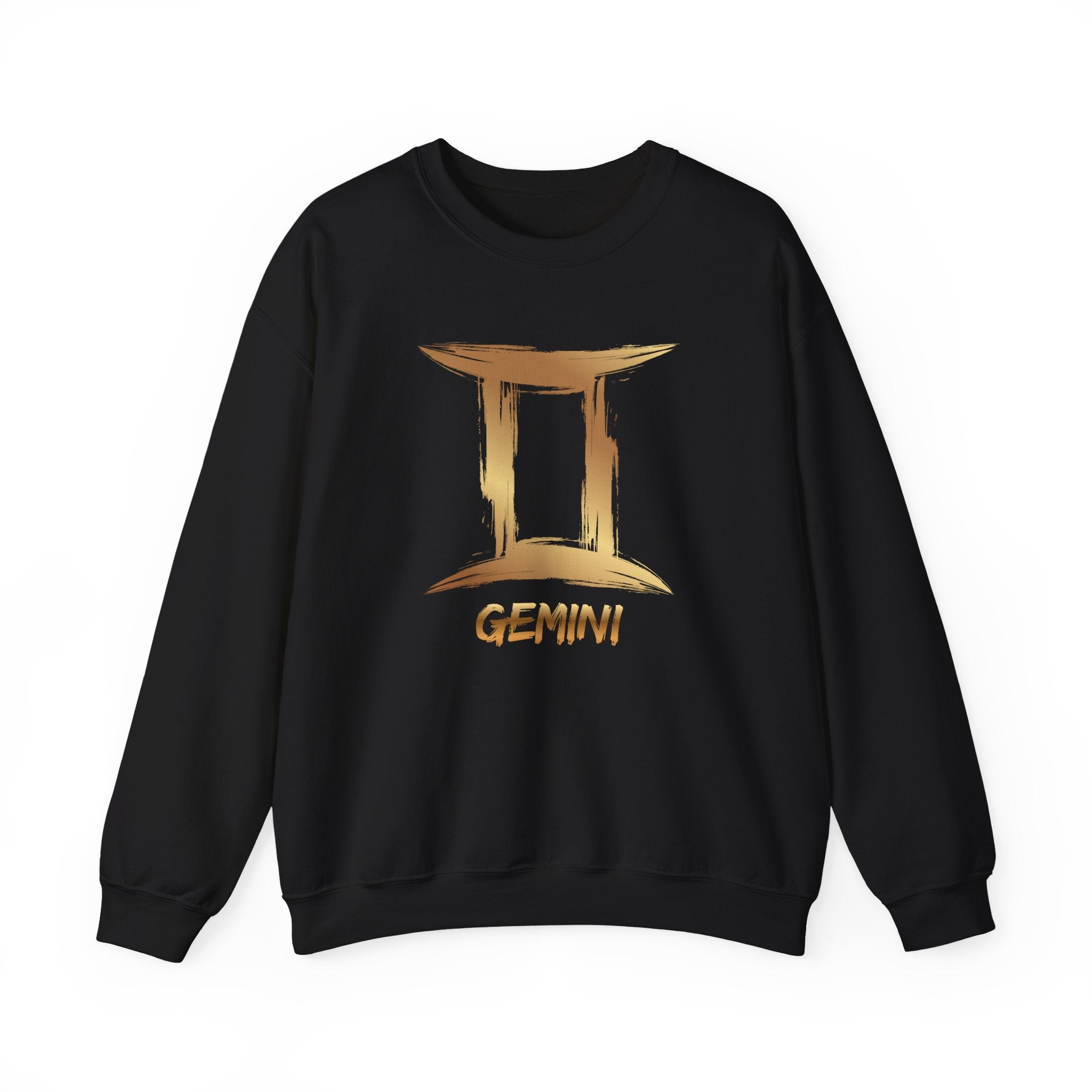 Black sweatshirt with gold Gemini zodiac symbol on a white background