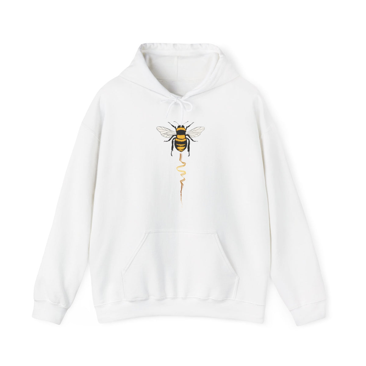 White hoodie with a bee design on a white background