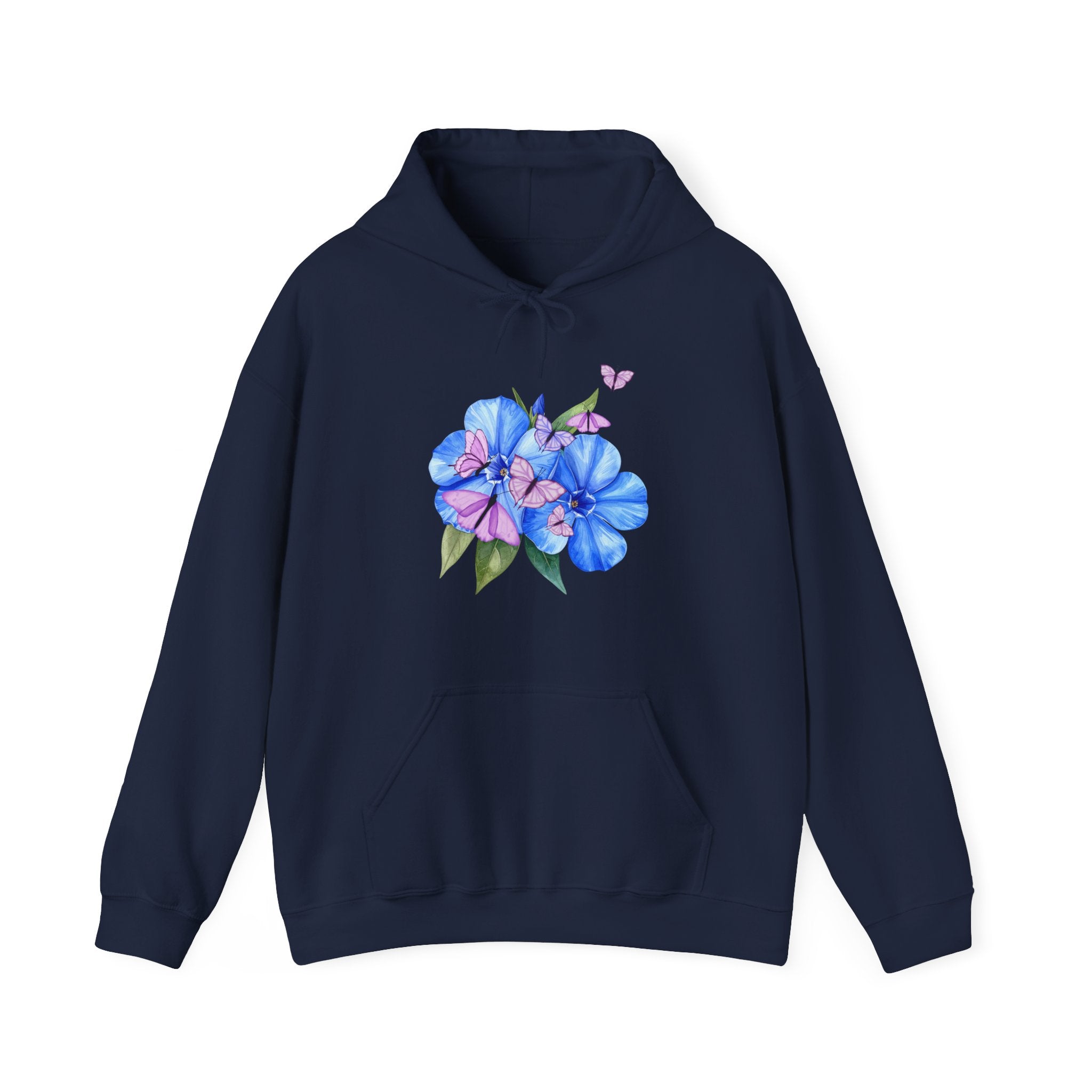 Navy blue hoodie with floral design on a white background