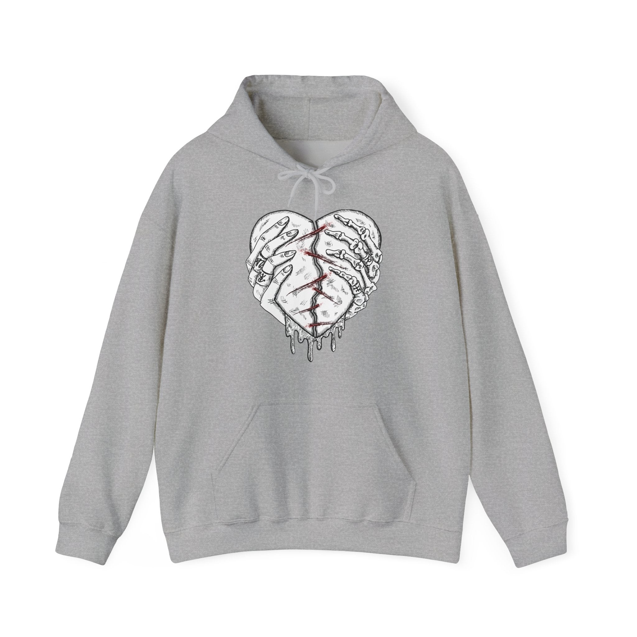 Gray hoodie with a heart design on a white background