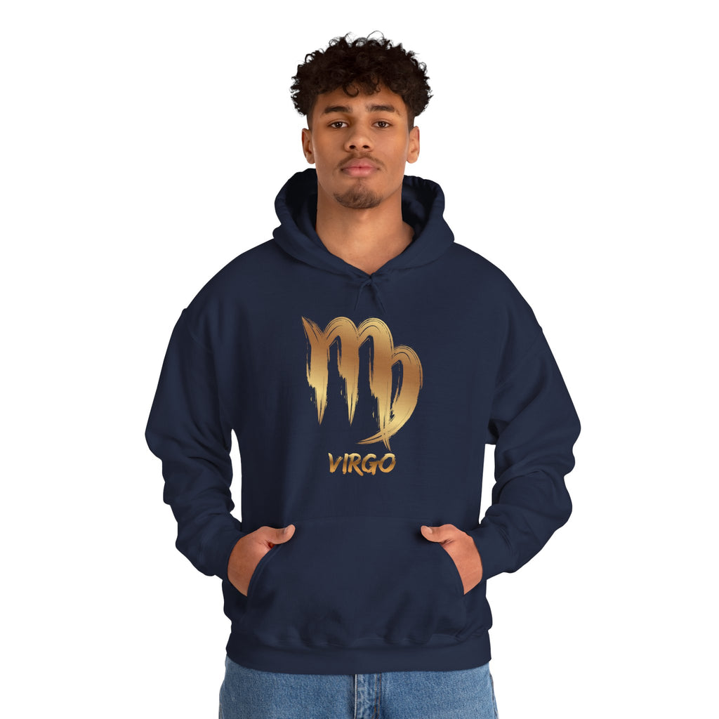 Person wearing a navy hoodie with a gold Virgo zodiac sign design on a white background