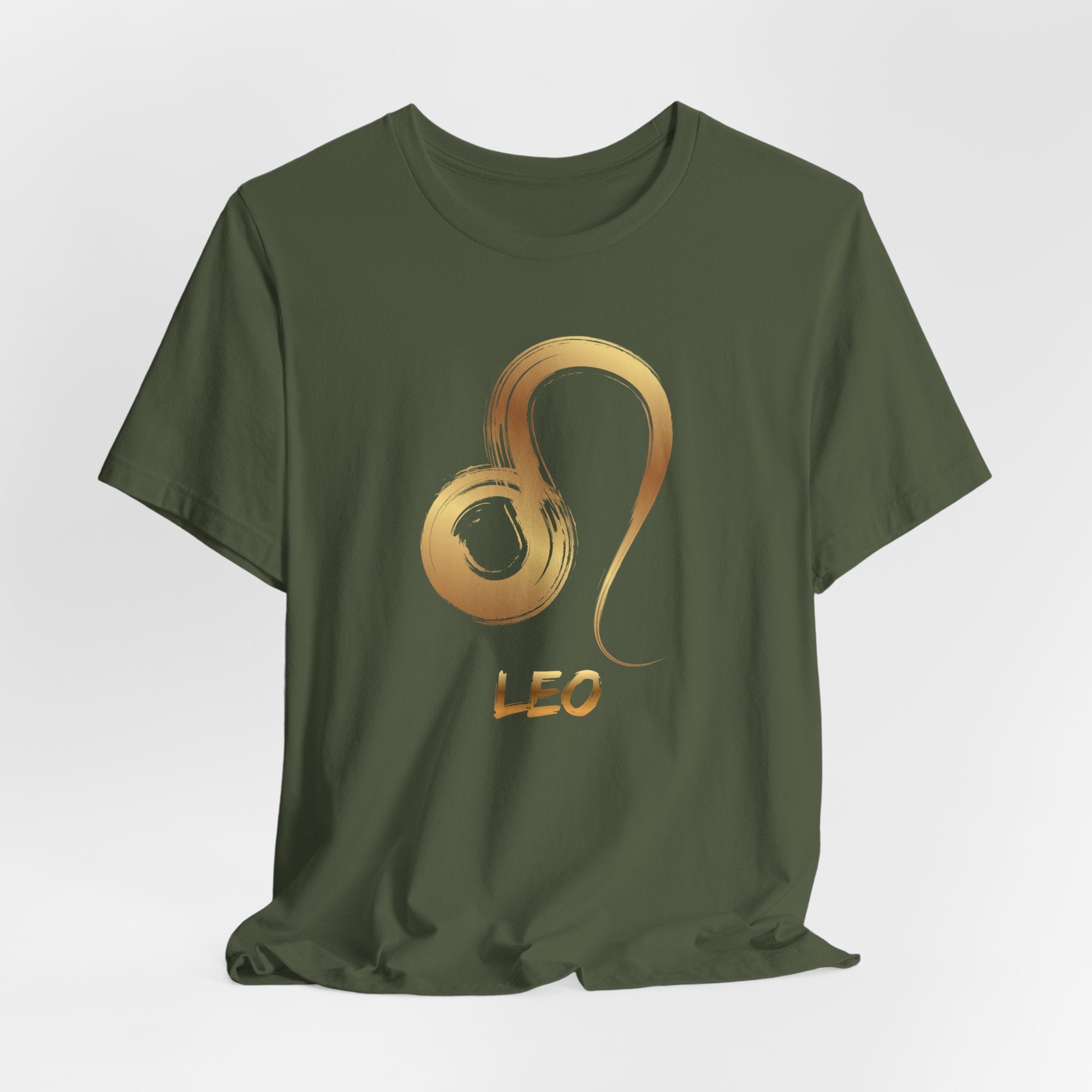 Green t-shirt with a gold Leo zodiac symbol on a white background