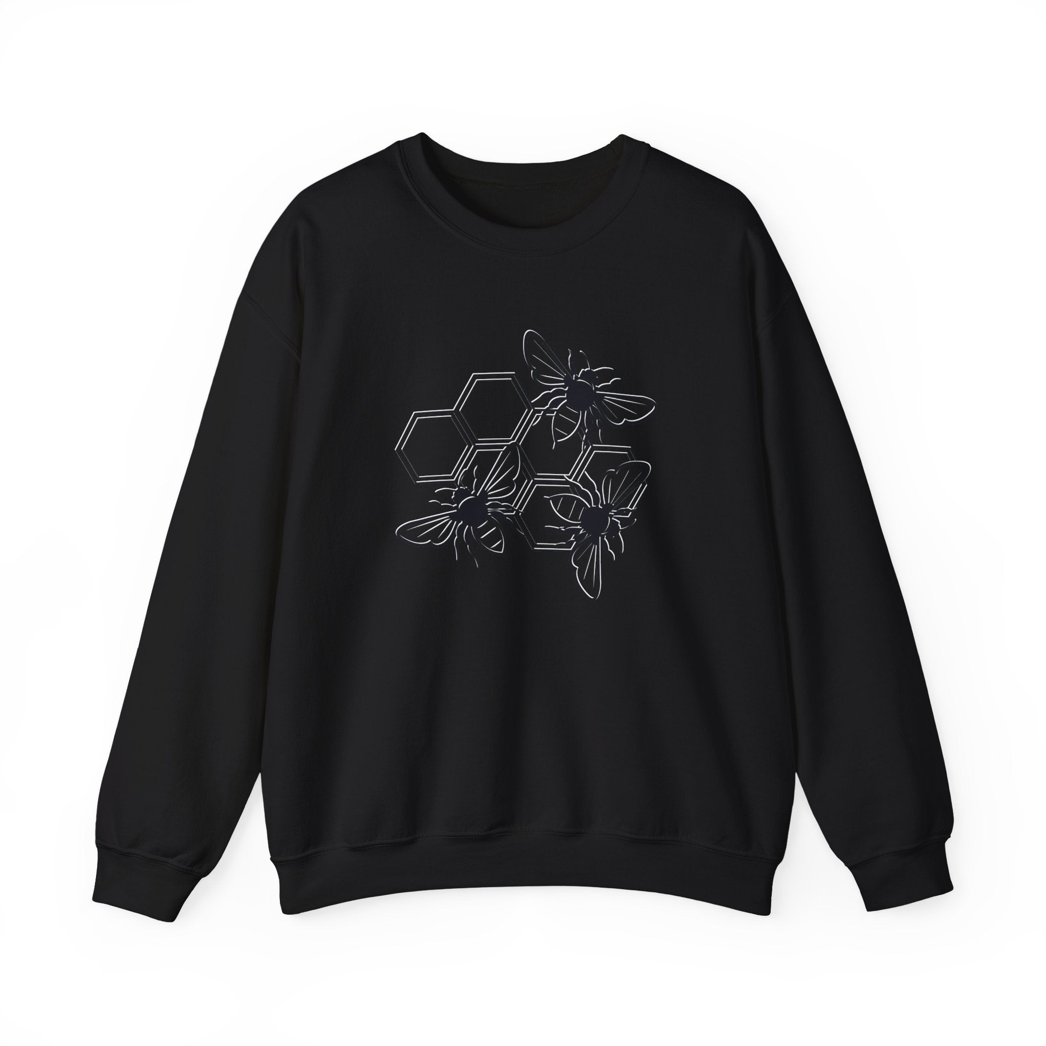Black sweatshirt with black bee and hexagon pattern on a white background