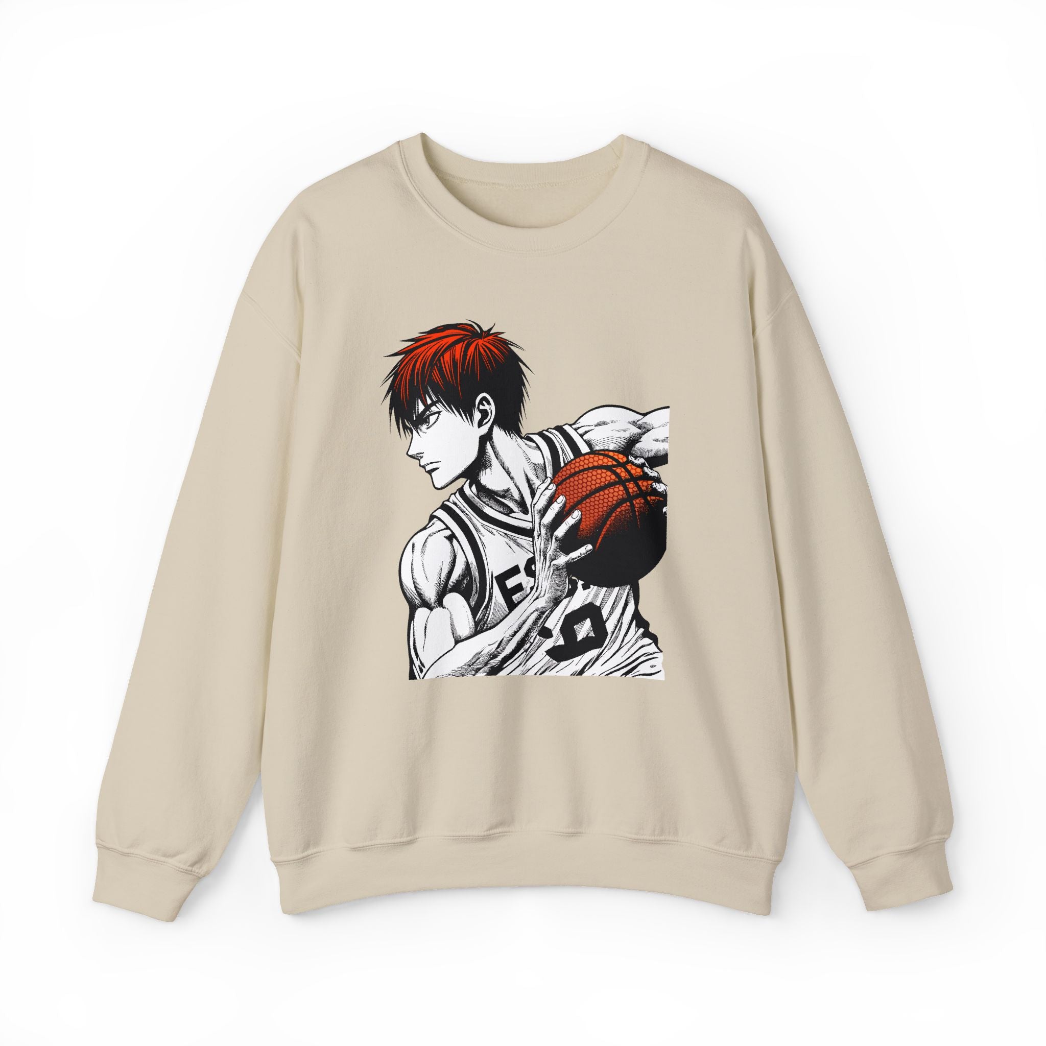 Beige sweatshirt with an anime-style character holding a basketball on a white background
