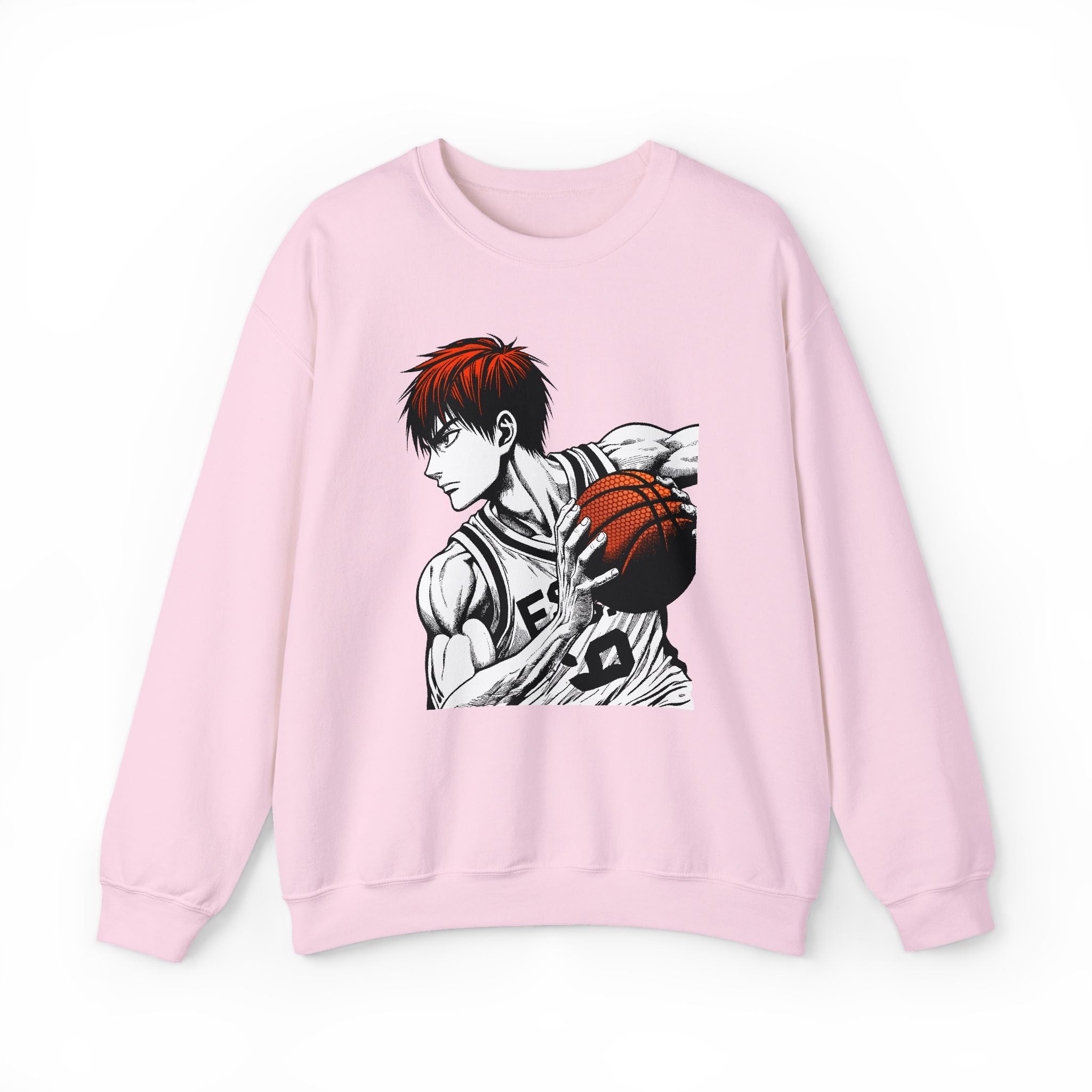 Pink sweatshirt with an anime-style character holding a basketball on a white background