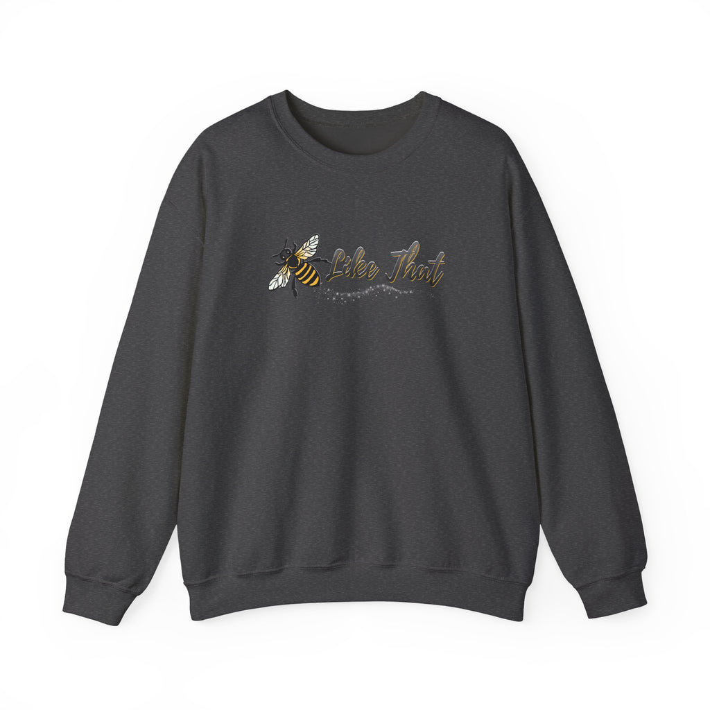 Navy blue sweatshirt with bee graphic and 'Like That' text on a white background