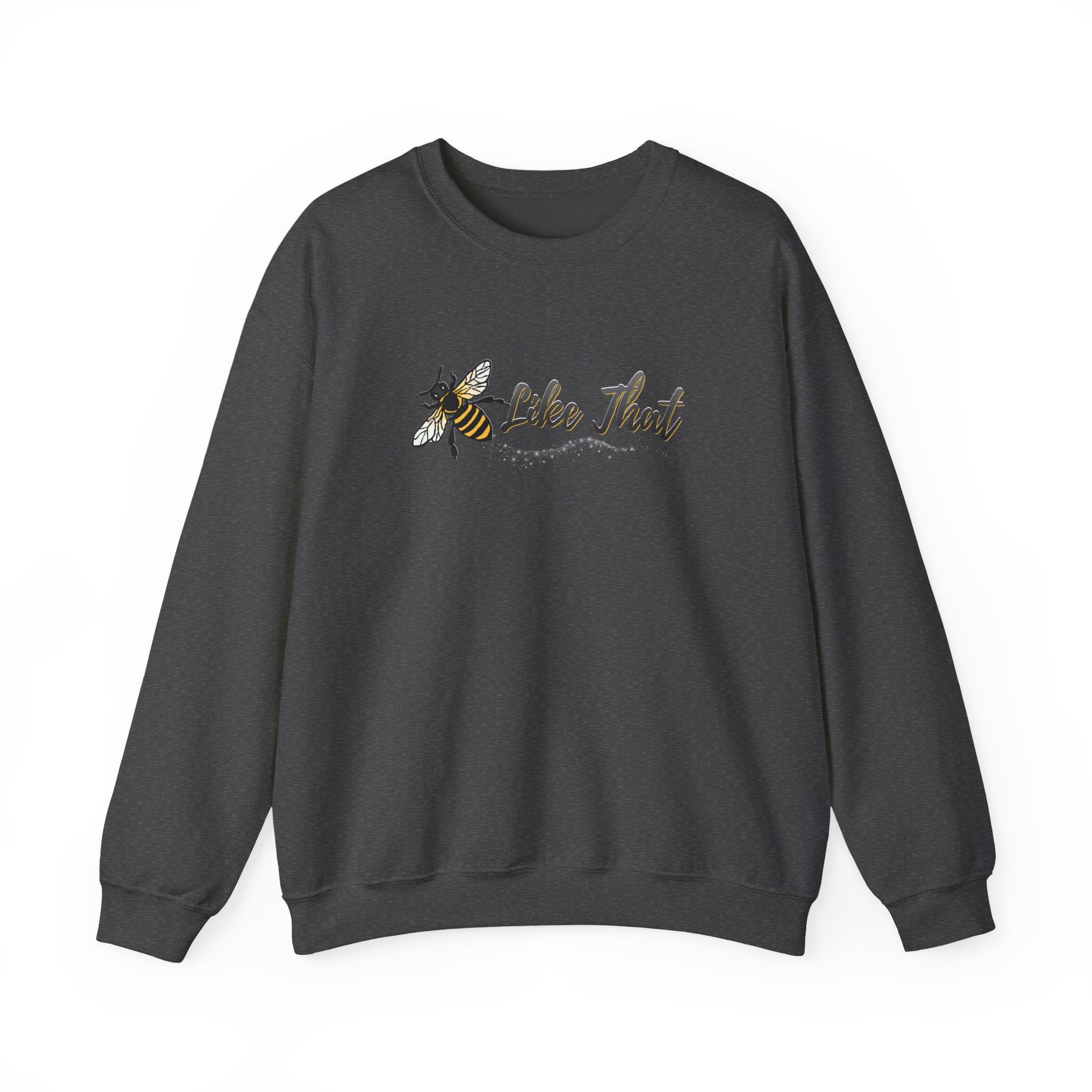 Navy blue sweatshirt with bee graphic and 'Like That' text on a white background