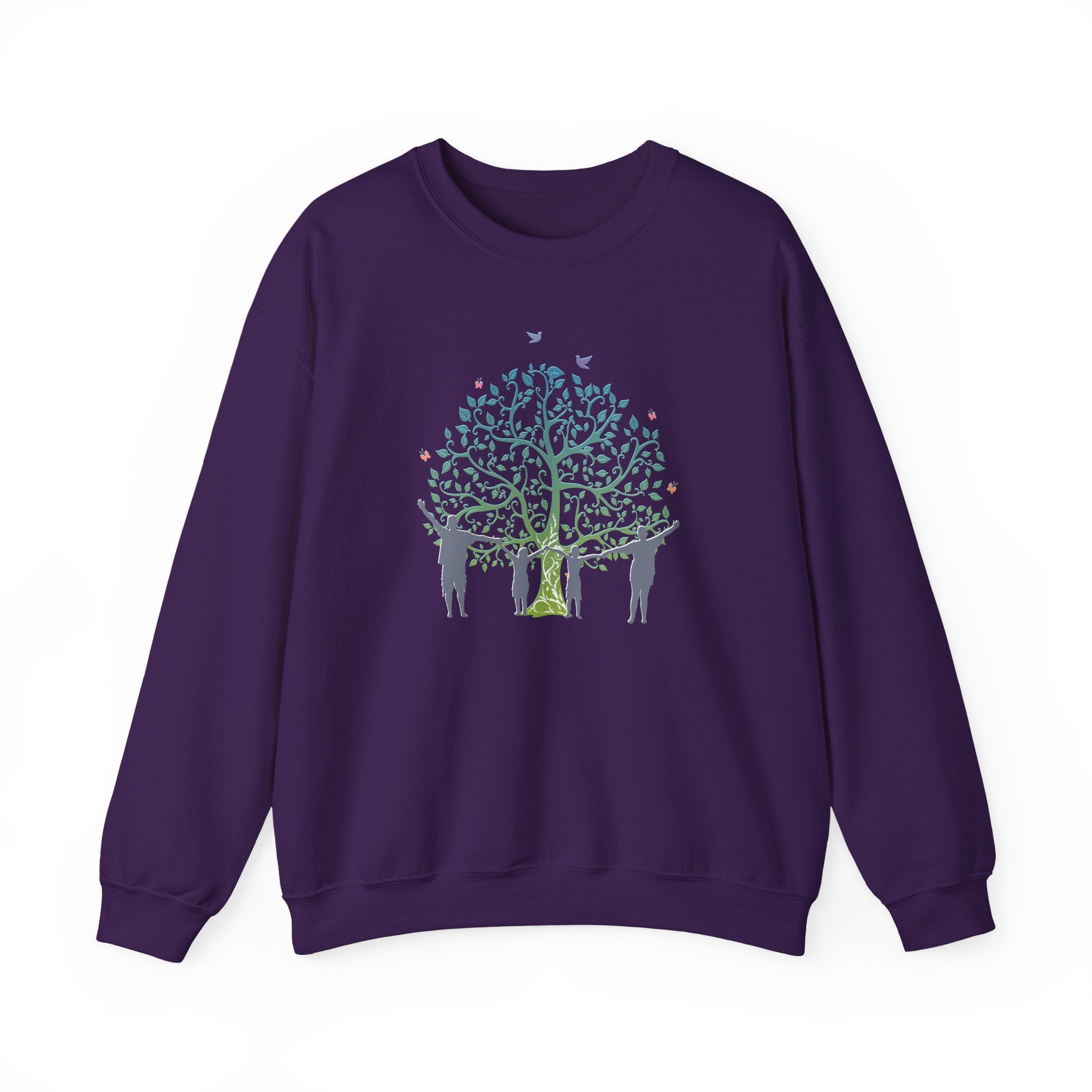 Purple sweatshirt with a tree and people design on a white background
