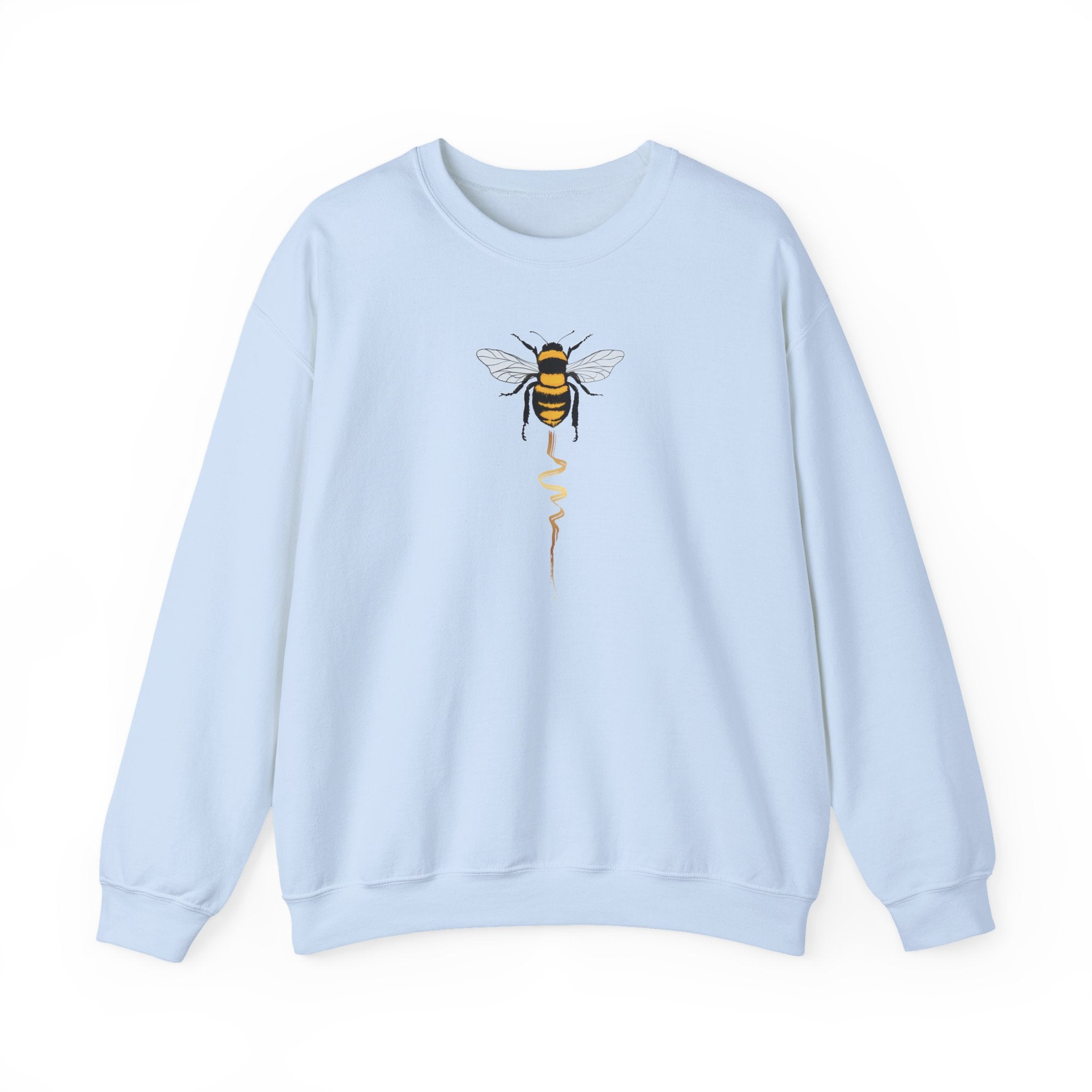 Light blue sweatshirt with a bee design on a white background